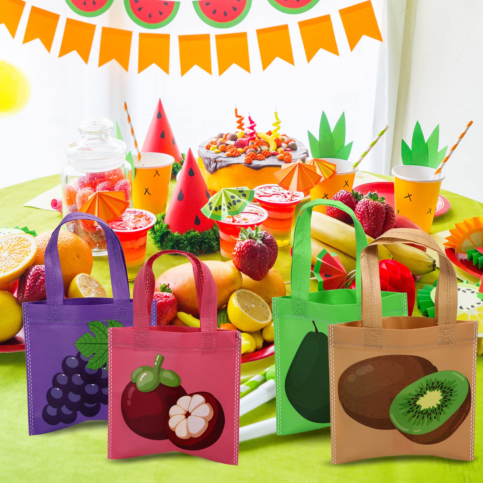 24-Pack Reusable Waterproof Non-Woven Fruit-Themed Tote Bags with Handles - Hawaiian Luau Party Favors, Kids Birthday Treat Bags, Summer Beach Party Supplies for Tutti Frutti Theme Celebrations