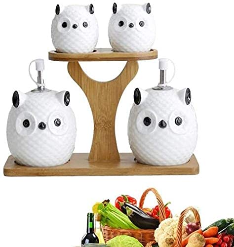 Ceramic Oil and Vinegar Dispenser Bottle with Leak-Proof Design - Cute Owl Pattern for Kitchen, Dining Table & Salad Dressing - 300ml White Spice Jar for Olive Oil, Balsamic Vinegar & Seasonings