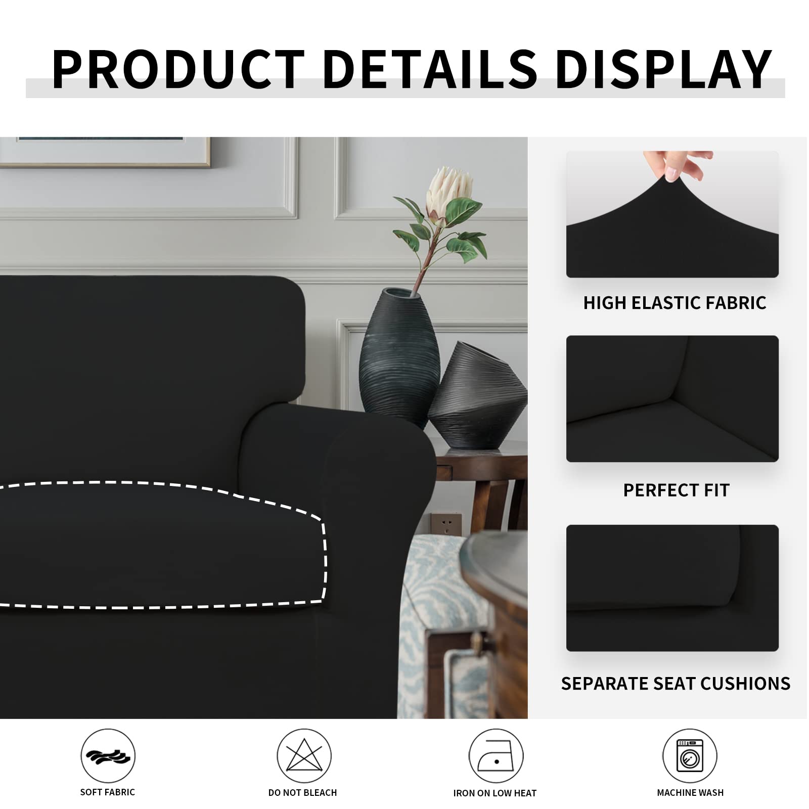 2-Piece Stretch Microfiber Chair Slipcover - Soft Spandex Fitted Sofa Cover with Elastic Bottom, Washable Furniture Protector for Kids & Pets (Black) - Perfect for Living Room, Office, and Dorm Decor