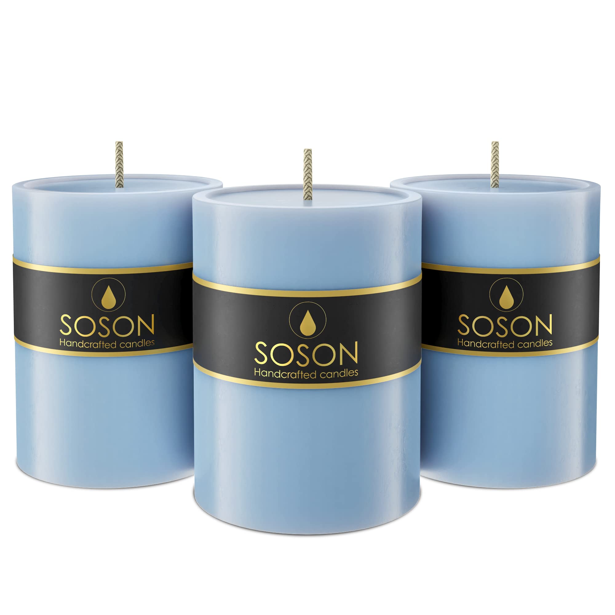 Simply Soson Premium 3x4 Inch Light Blue Unscented Pillar Candles - Set of 3 Large Decorative Candles for Candle Holders, Home Decor, Weddings & Spring Centerpieces - Velas Decorativas Blue Colored Pillar Candles