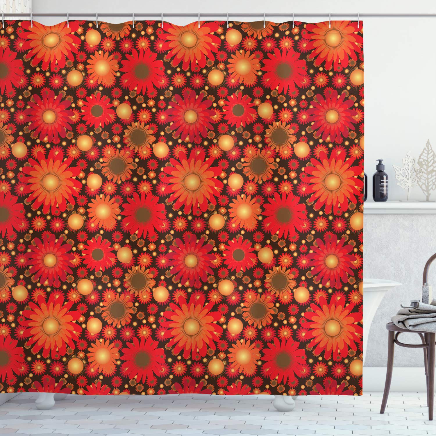 Ambesonne Floral Shower Curtain - Vivid Botanical Print with Gerbera Daisies, Waterproof Fabric Bathroom Decor Set with Hooks, 69x84 Inches, Dark Green & Vermilion - Perfect for Modern Bathrooms & Spa-Like Retreats