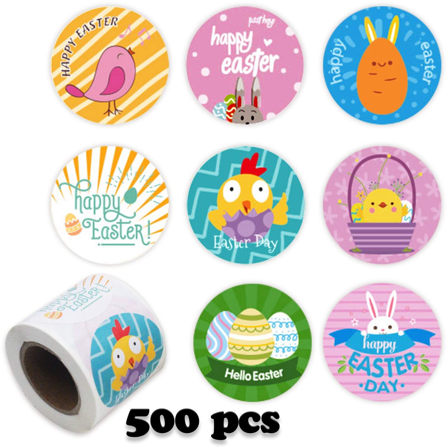 500pcs Easter Stickers for Kids - Self-Adhesive Easter Theme Stickers Roll - 8 Styles Easter Basket Stuffers, Party Favors & Decorations - Perfect for Easter Egg Hunts, Classroom Activities & DIY Crafts