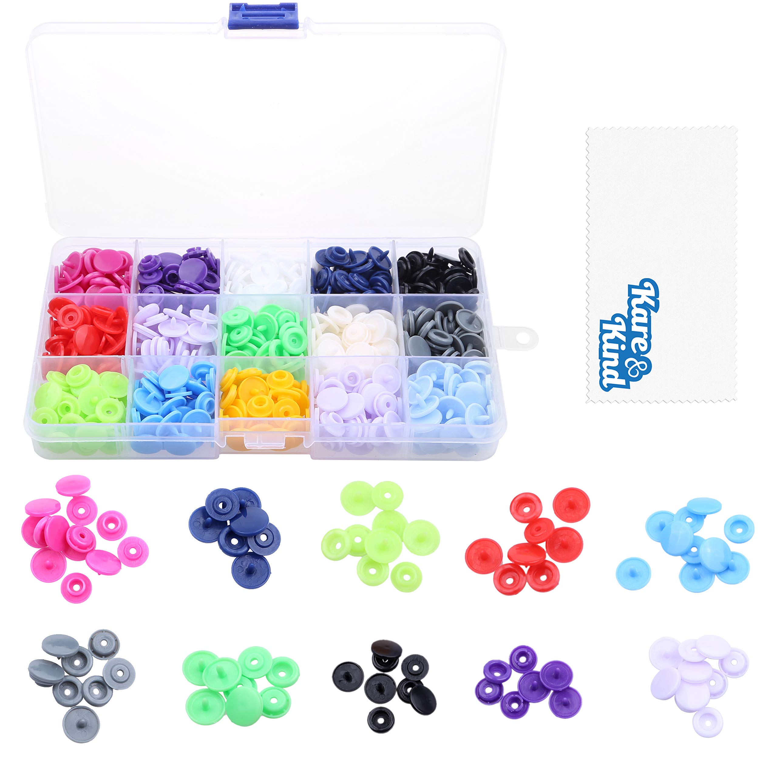 Kare & Kind Plastic Snap Buttons Set - 150pcs T5 Fasteners in 15 Colors (10 Each) - No Sew Buttons for Sewing, Crafting, DIY Clothing & Baby Items - Perfect for Cloth Diapers, Bibs, Dresses & Fabric Projects