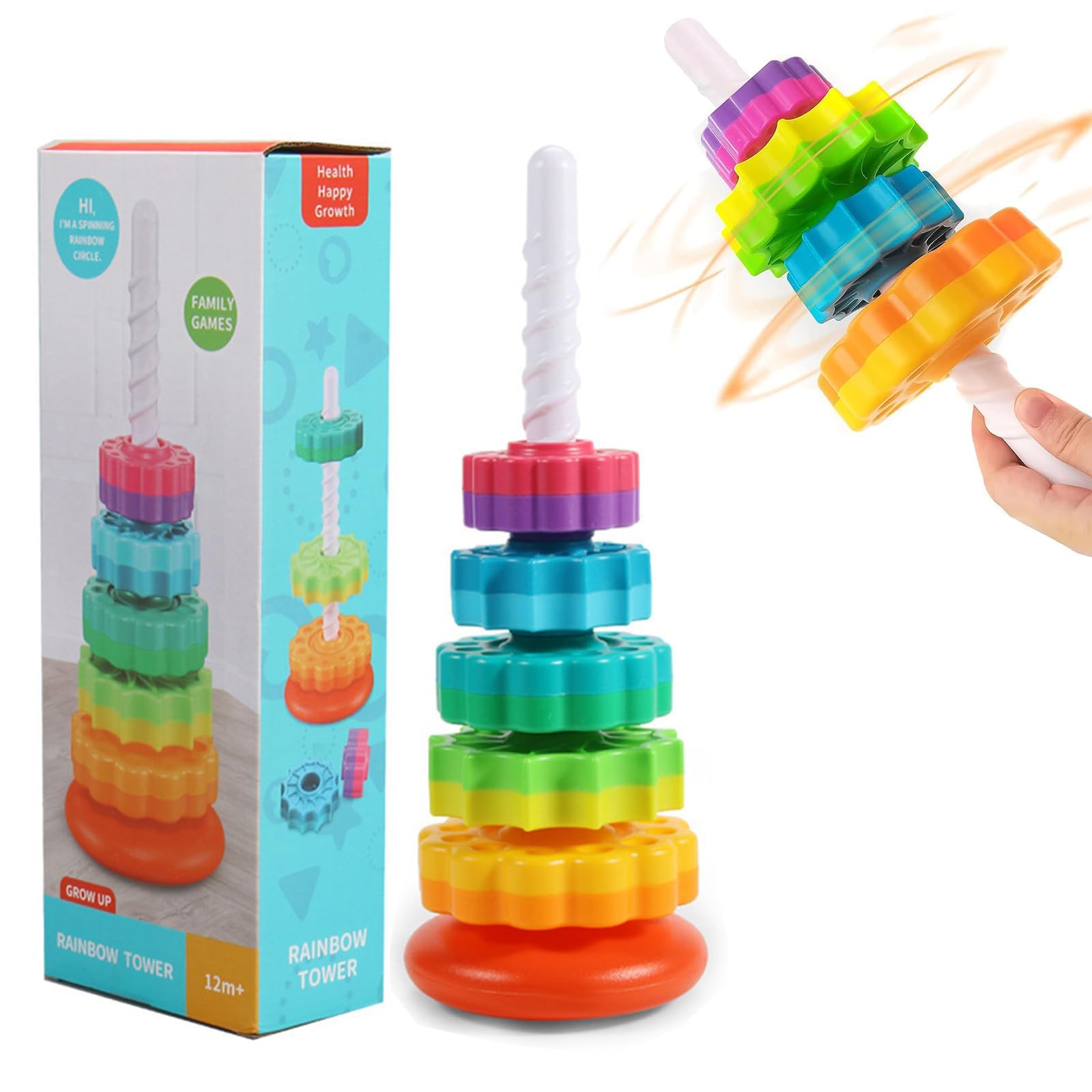 Rainbow Stacking Rings Toy for Babies 6-12 Months - Montessori Sensory Learning Toy with Spinning & Colorful ABS Plastic Design - Autism Educational Toys for Boys & Girls - Perfect for Early Childhood Development & Playtime Fun