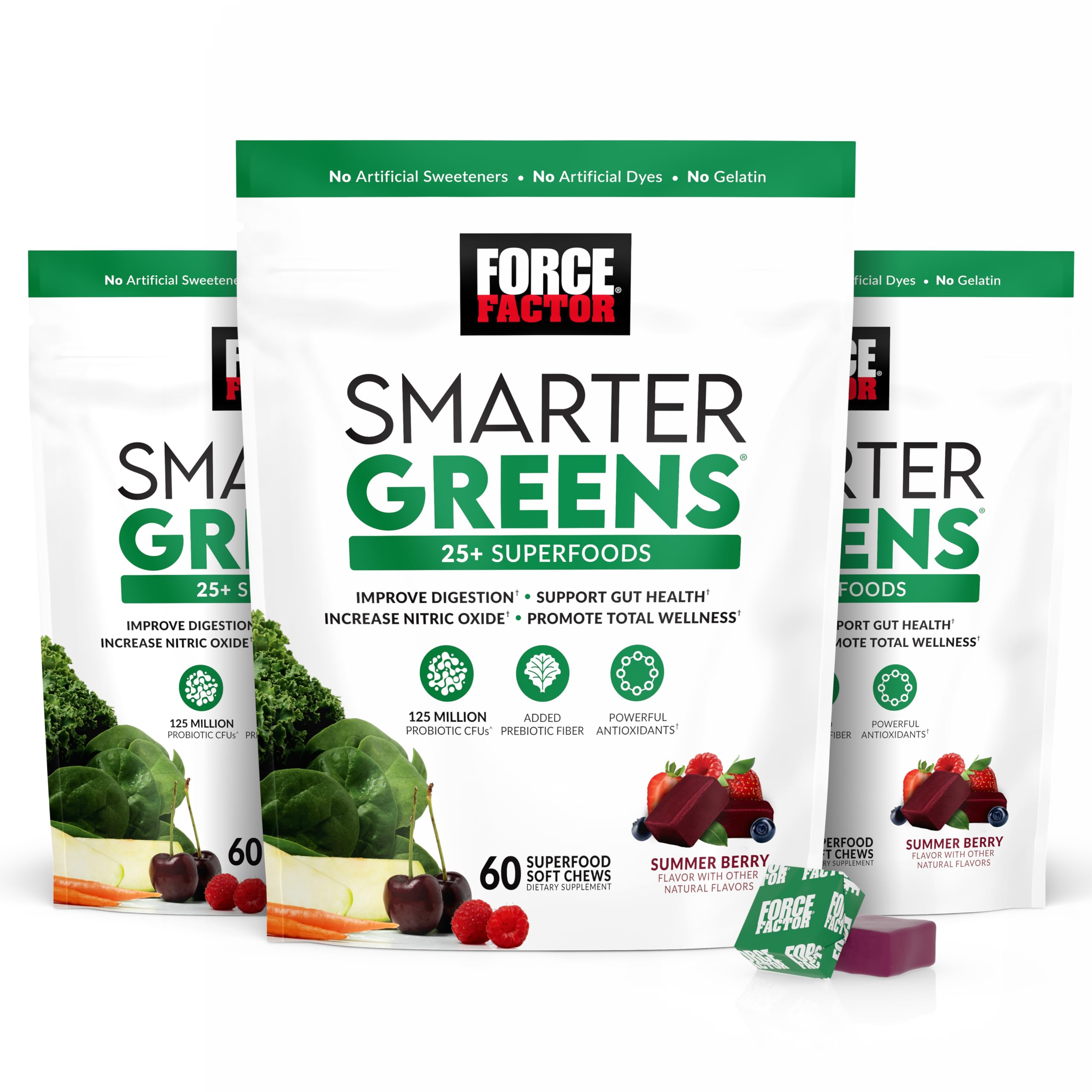Force Factor Smarter Greens Superfood Chews - 3 Pack | Probiotic & Antioxidant Rich Greens Supplement with Fiber for Digestion, Nitric Oxide & Energy Support | 180 Chewable Tablets | Perfect for Active Lifestyles & Daily Wellness Routine