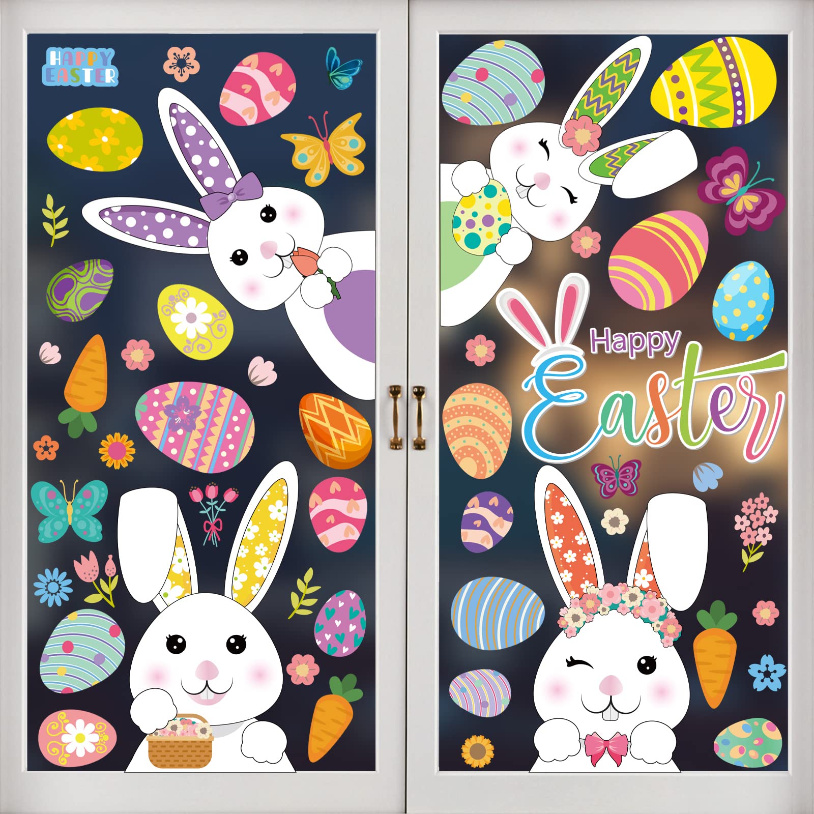 121Pcs Easter Window Clings Decorations - Bunny, Radish & Egg Holiday Decals for Glass Windows - 2025 Easter Party Supplies for Home, Office & Classroom Decor
