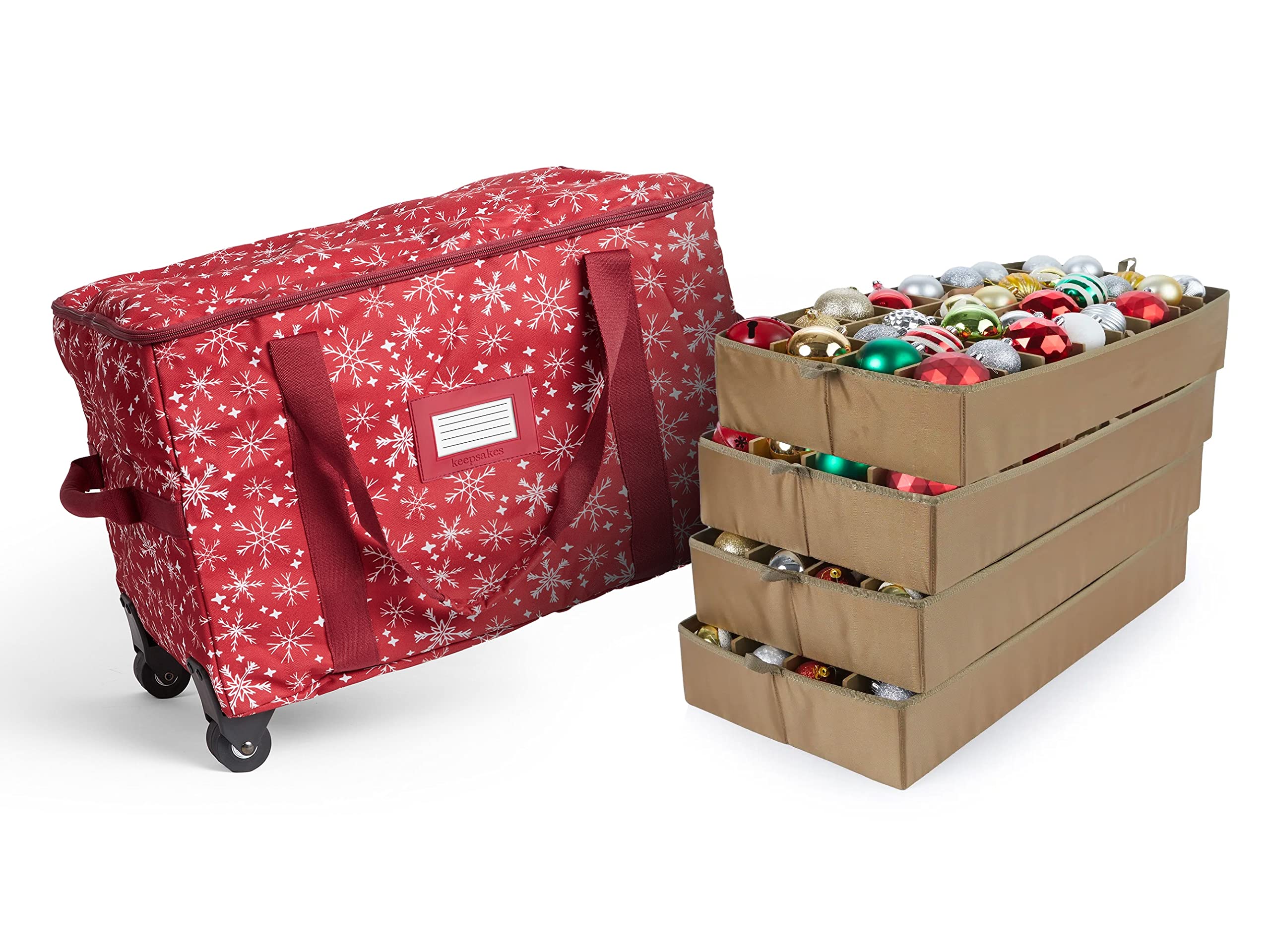 Covermates Keepsakes Rolling Adjustable Ornament Storage Bag with Carrying Handles - Padded Protection & Dual Wheels for Holiday Decorations (Red Snowflake Design) - Perfect for Christmas Tree Ornament Storage and Seasonal Decoration Organization