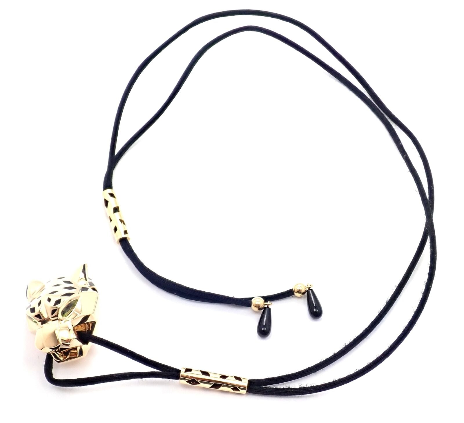 Authentic Cartier Panther Panthere 18k Yellow Gold Peridot Lacquer Cord Necklace for Women - Luxury Jewelry Gift for Birthday, Anniversary & Special Occasions