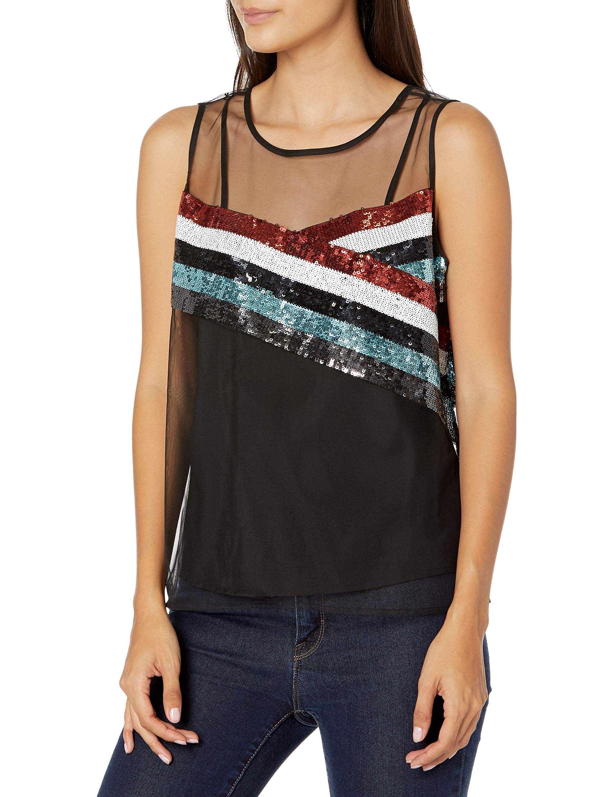 ARMANI EXCHANGE Women's Sequin Stripe Mesh Sleeveless Top with Cami - Sexy Party Blouse for Night Out, Club Wear & Special Occasions