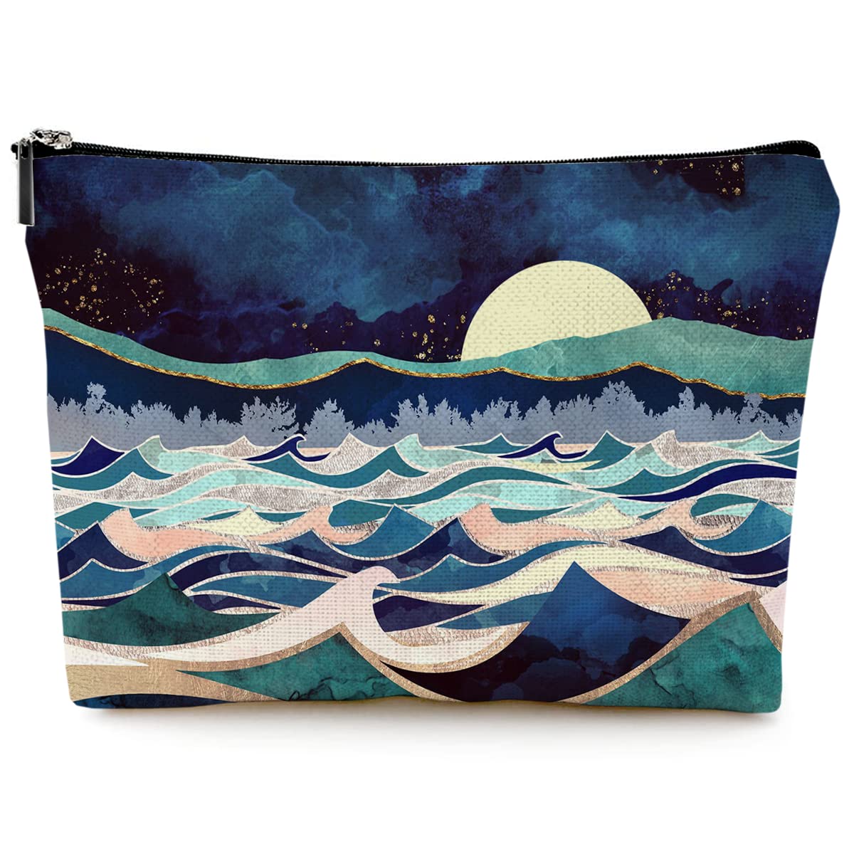 Waterproof Canvas Makeup Bag for Women - Cute Funny Cosmetic Pouch with Zipper for Travel & Purse - Mountain Design Toiletry Organizer in Blue | Perfect for Gym, Vacation & Daily Essentials Storage