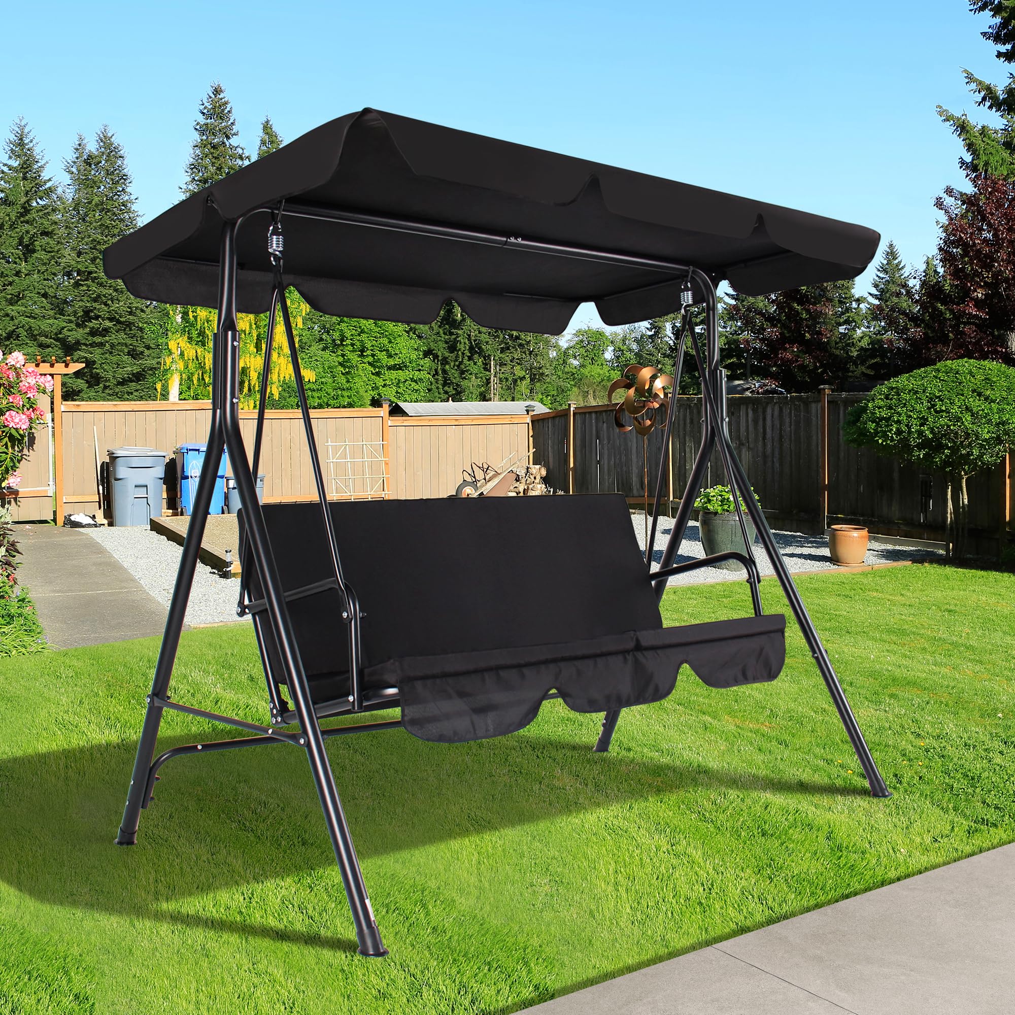 COVERONICS 3-Seat Outdoor Porch Swing Chair with Adjustable Canopy - Durable Metal Frame Patio Swing with Removable Cushions - Perfect for Backyard, Garden, Terrace & Lawn Relaxation (Black)