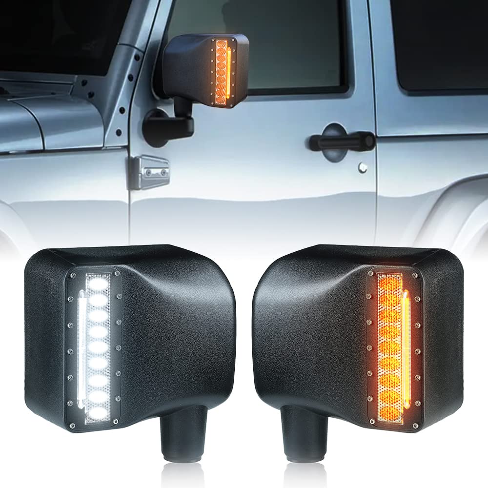 Xprite Smoke Lens LED Side Mirror with White Spot Lights & Amber Turn Signal for 2007-2018 Jeep Wrangler JK JKU - Off-Road Upgrade for Enhanced Visibility & Safety