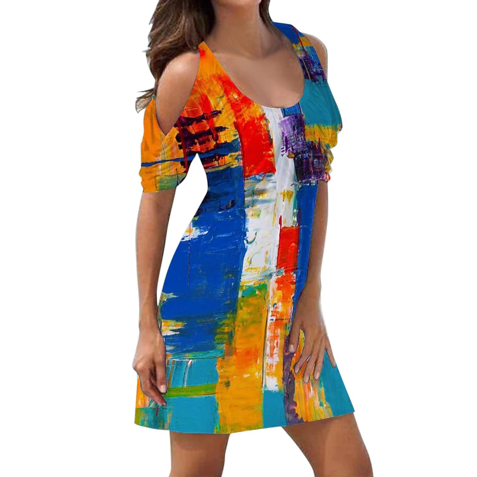 Women's Neutral Cold Shoulder Boho Sun Dress - Short Sleeve Mini Beach Dress for Summer Vacation, Pool Party & Casual Outings