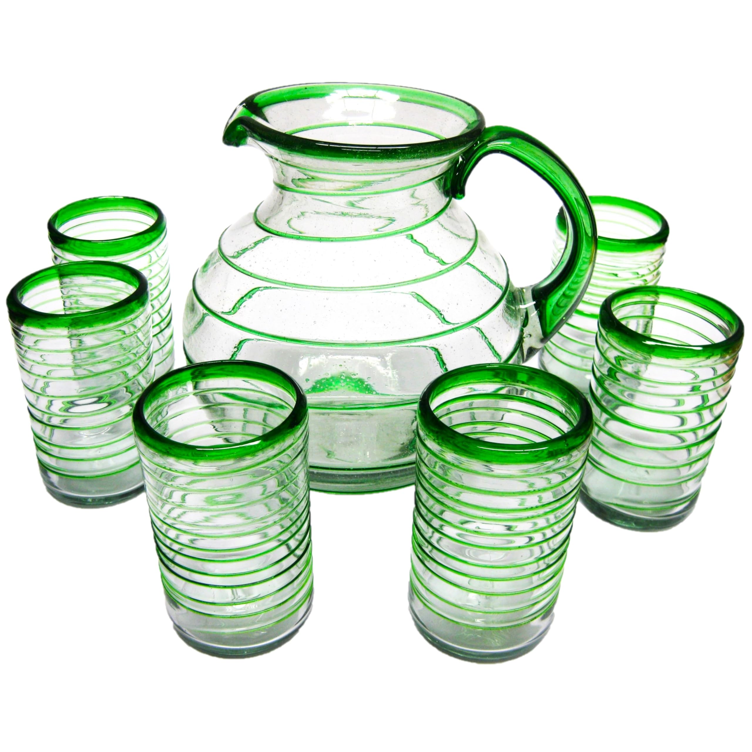 Emerald Green Spiral 120 oz Pitcher with 6 Matching Glasses Set - Lead-Free, Toxin-Free Recycled Glass - Perfect for Iced Tea, Lemonade & Summer Entertaining