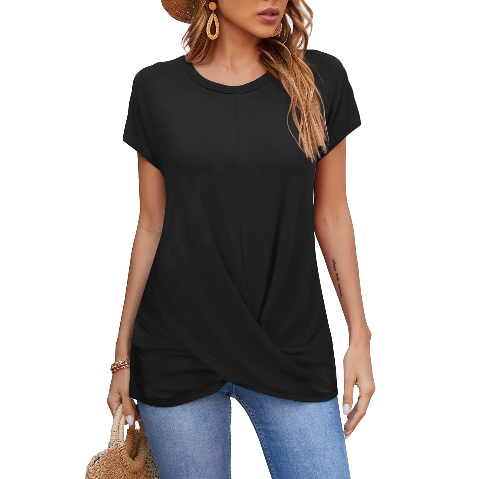 Women's Short Sleeve T-Shirts - Summer Casual Loose Tunic Top with Front Twist Detail - Basic Work Tee & Trendy Blouse for Ladies | Perfect for Office, Outings & Everyday Wear