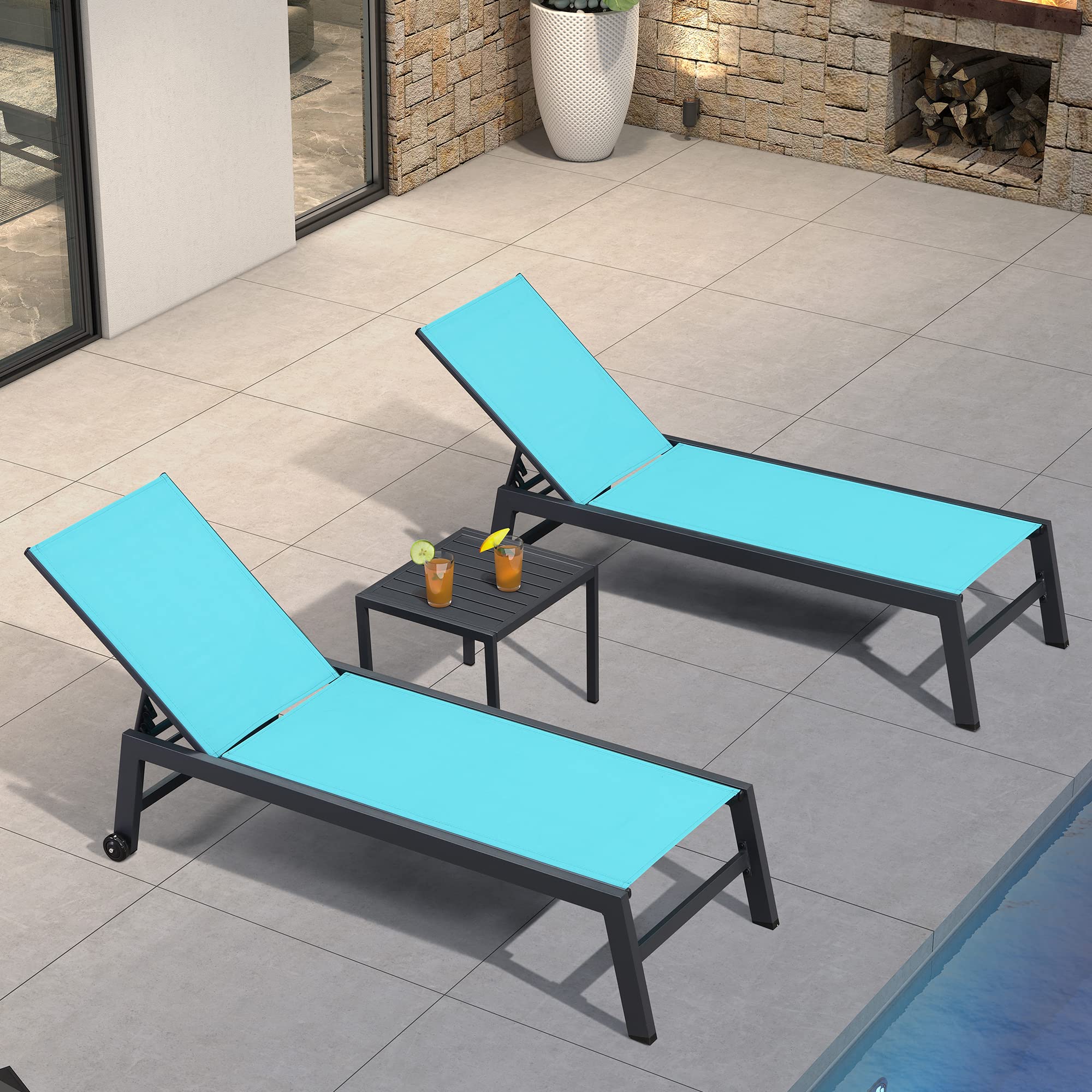 PURPLE LEAF 2-Piece Patio Chaise Lounge Set with Wheels - Textilene Pool Lounge Chairs & Side Table - Outdoor Sunbathing Chairs for Beach, Yard, Garden - Turquoise Blue | Perfect for Poolside Relaxation, Backyard Lounging & Coastal Living