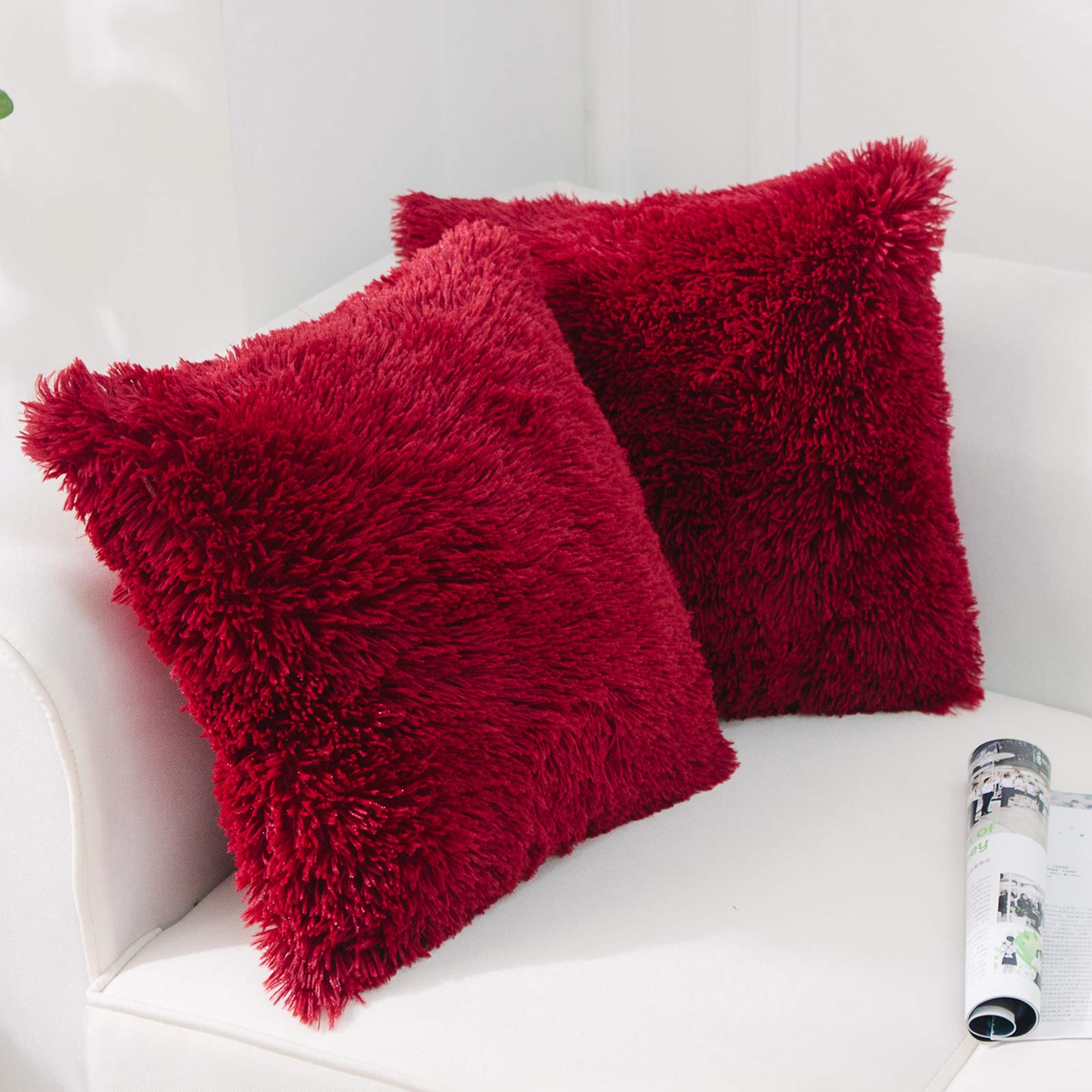 Luxury Soft Faux Fur Fleece Pillow Covers 22x22 Inch - 2 Pack Wine Red Decorative Throw Pillow Cases for Sofa, Bed & Home Decor | No Insert Included | Cozy Winter Accent Pillows