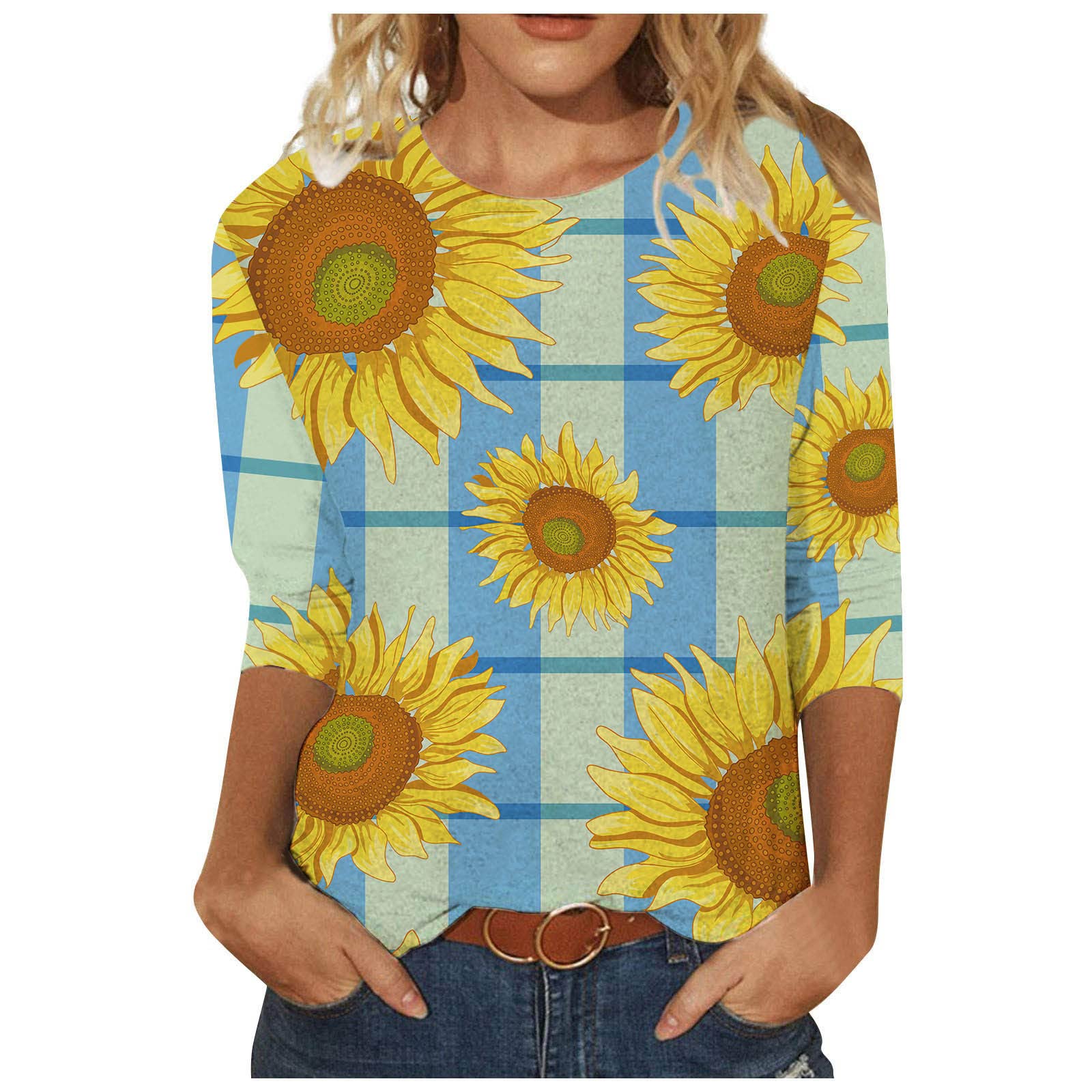 **Vintage Summer 3/4 Sleeve Women's Casual Sunflower Print T-Shirt - Loose Fit Oversized Blouse for Country Style & Boho Outfits | Perfect for Picnics, Beach Days & Casual Wear**