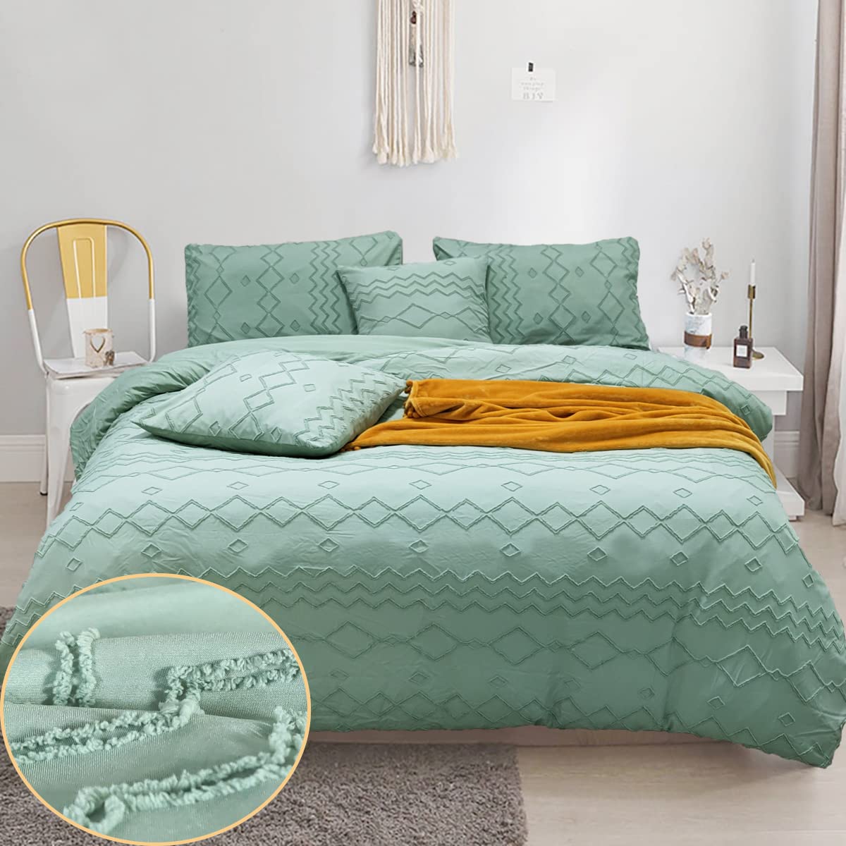 LMONMOO 5-Piece King Size Boho Duvet Cover Set - Soft & Breathable Shabby Chic Farmhouse Bedding for All Seasons (Sage Green) - Perfect for Master Bedroom, Guest Room & Bohemian Home Decor