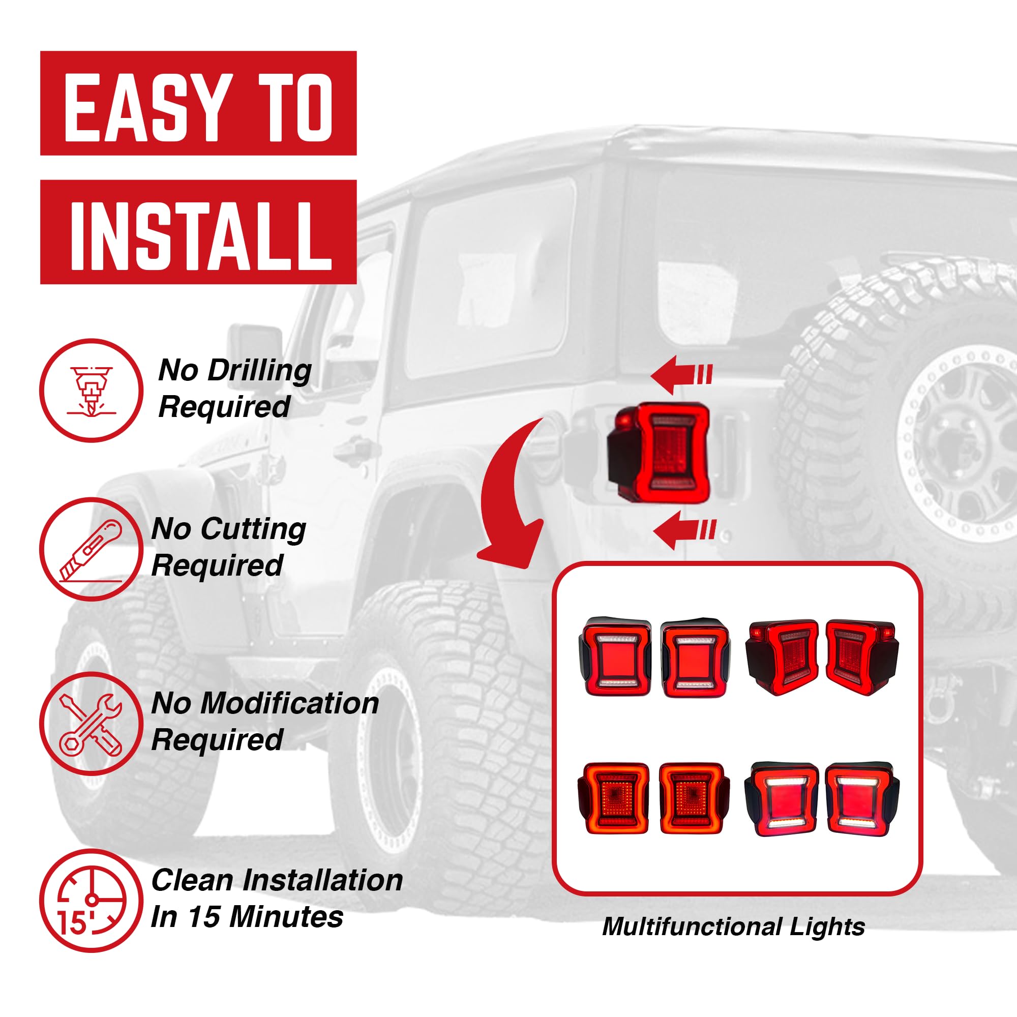 AMERICAN MODIFIED LED Tail Lights with 4 Signal Functions - Compatible with 2018-2023 Jeep Wrangler JL, Red Lens V2 - Perfect for Off-Roading & Night Driving