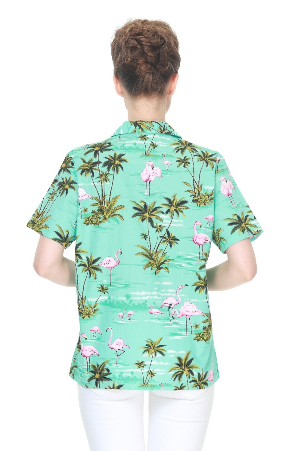 Hawaiian Couple Matching Aloha Shirts - Pink Flamingo Print on Turquoise Fabric - Made in Hawaii for Luau Parties, Beach Vacations & Tropical Date Nights