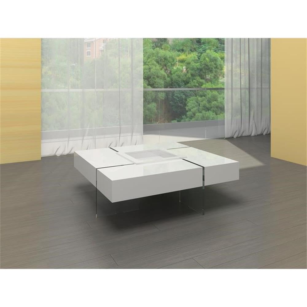 Pemberly Row White Glass Coffee Table with Removable Center Tray - Perfect for Living Room, Office & Modern Home Decor