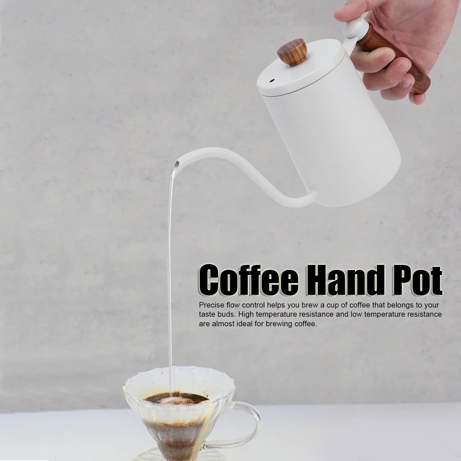 600ML Stainless Steel Coffee Hand Drip Pot with Wooden Handle - 304 Food Grade for Bar, Kitchen & Cafe Use - Perfect for Pour Over Coffee, French Press & Cold Brew (Beige)