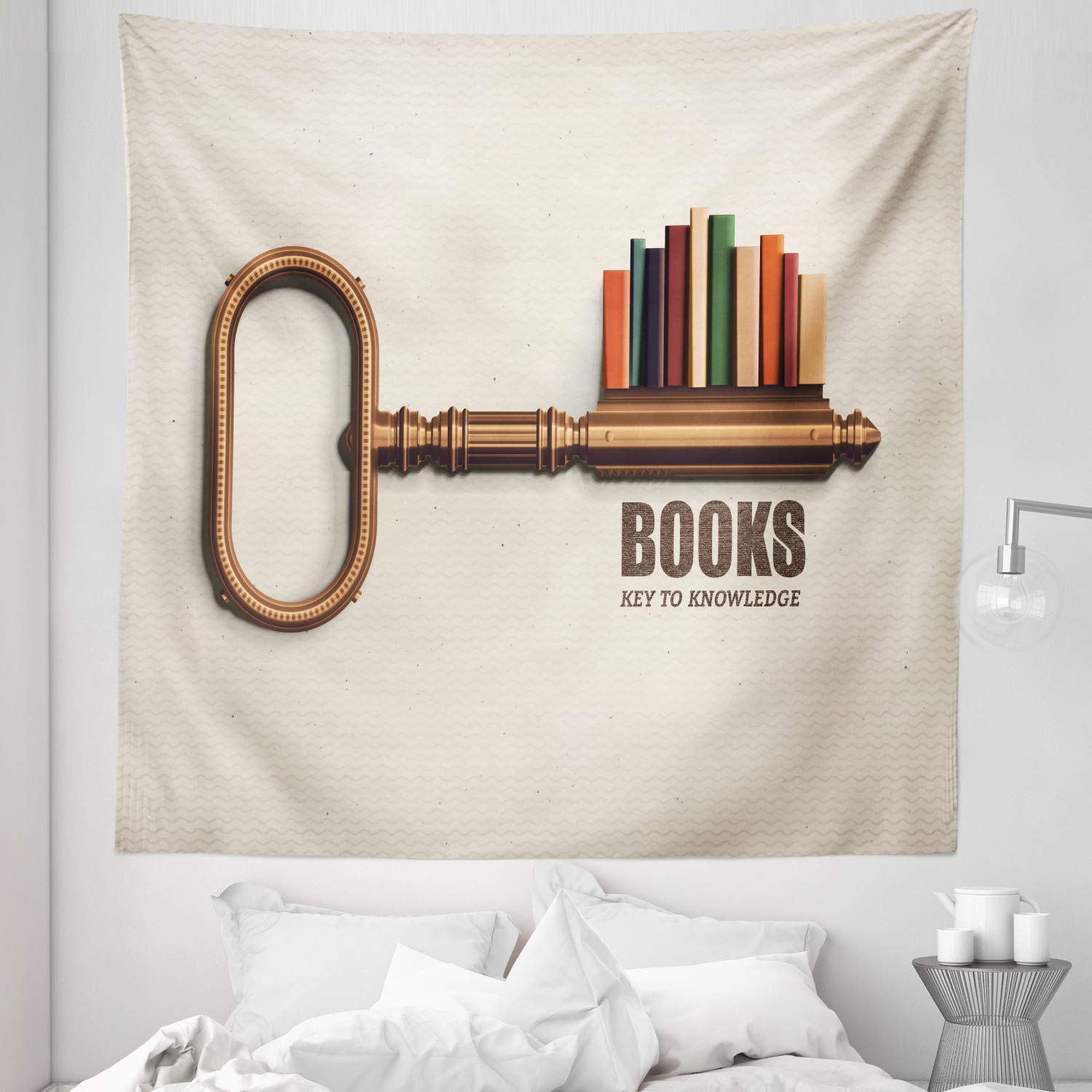 Ambesonne Queen Size Book Tapestry - Key Shaped Bookshelf Design with Colorful Books Print - 88x88 Inch Wall Hanging, Bedspread, Bed Cover - Multicolor Home Decor for Living Room, Bedroom & Dorm