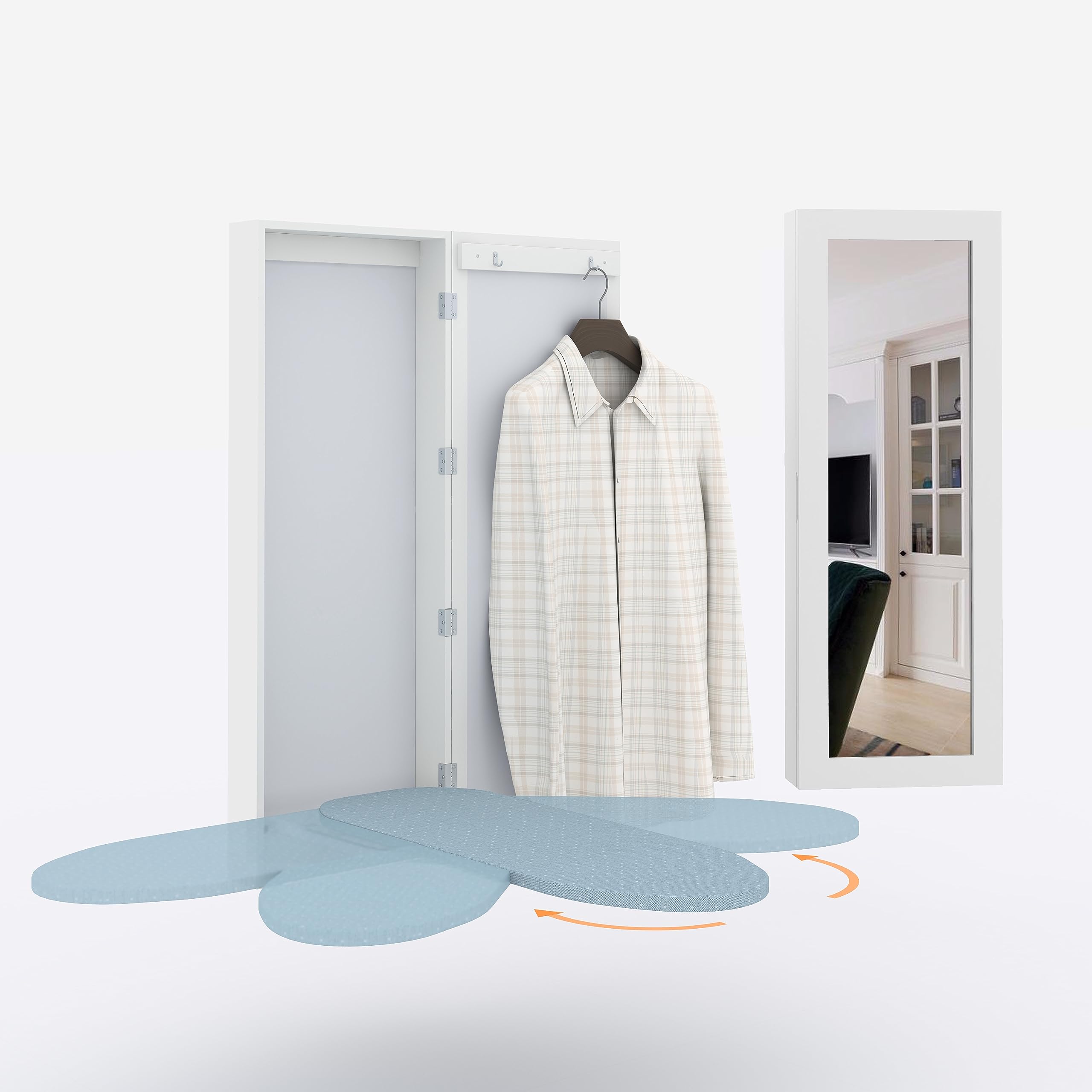 180° Swivel Ironing Board Cabinet with Magnetic Door - Foldable Wall Mount Ironing Board with Storage & Mirror - Space Saving White Laundry Organizer for Small Homes & Apartments