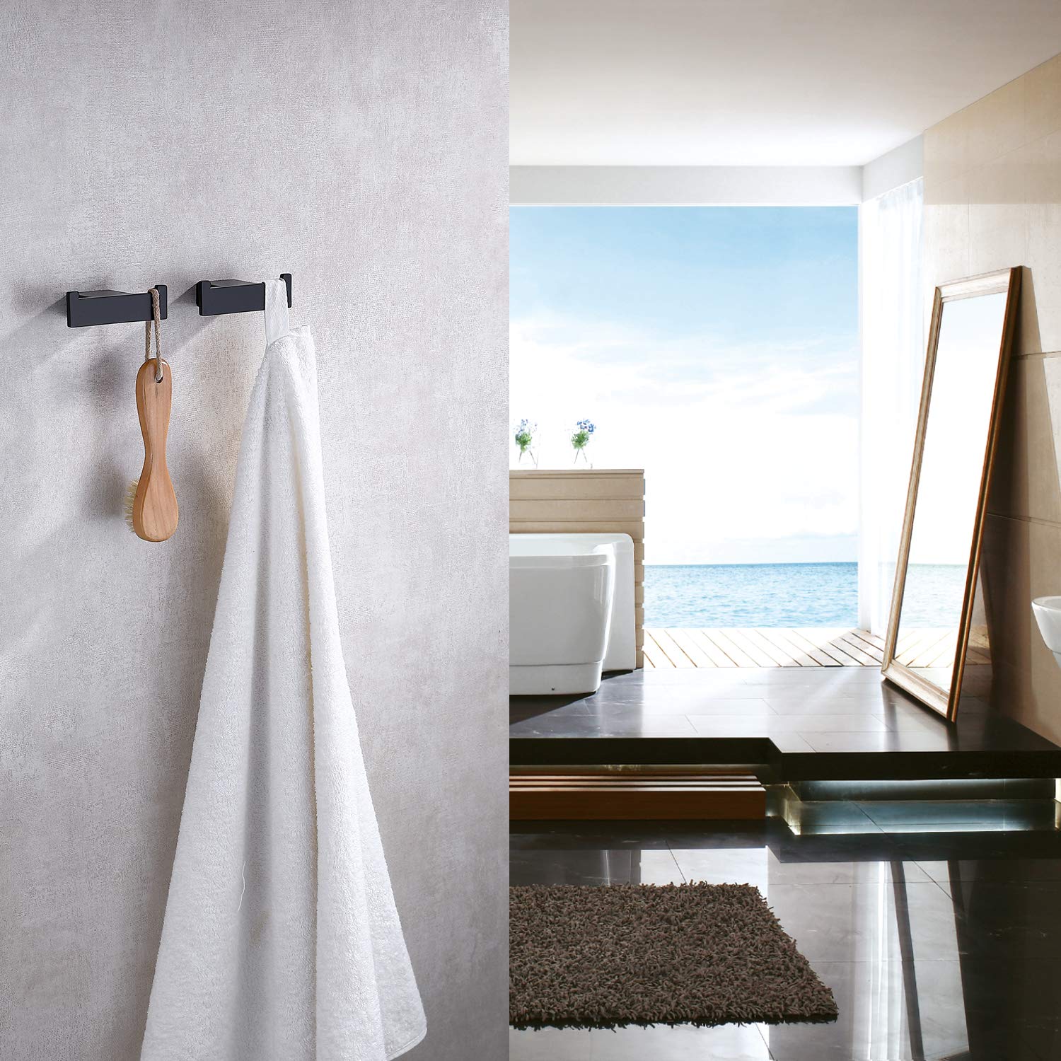 TASTOS Matte Black Bathroom Hooks - 2 Pack SUS304 Stainless Steel Double Hook for Towels, Robes & Coats - Rustproof Wall Mounted Hooks for Bathroom, Kitchen, Bedroom & Entryway Organization