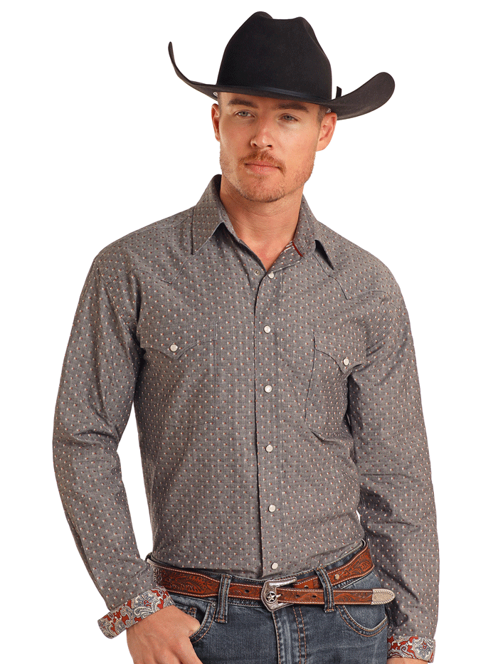 Men's Rough Stock Snap Long Sleeve Shirt - Western Work Shirt for Cowboy, Ranch & Outdoor Activities - Grey (Panhandle RMN2S05097) - Perfect for Rodeo, Horseback Riding & Country Style Fashion