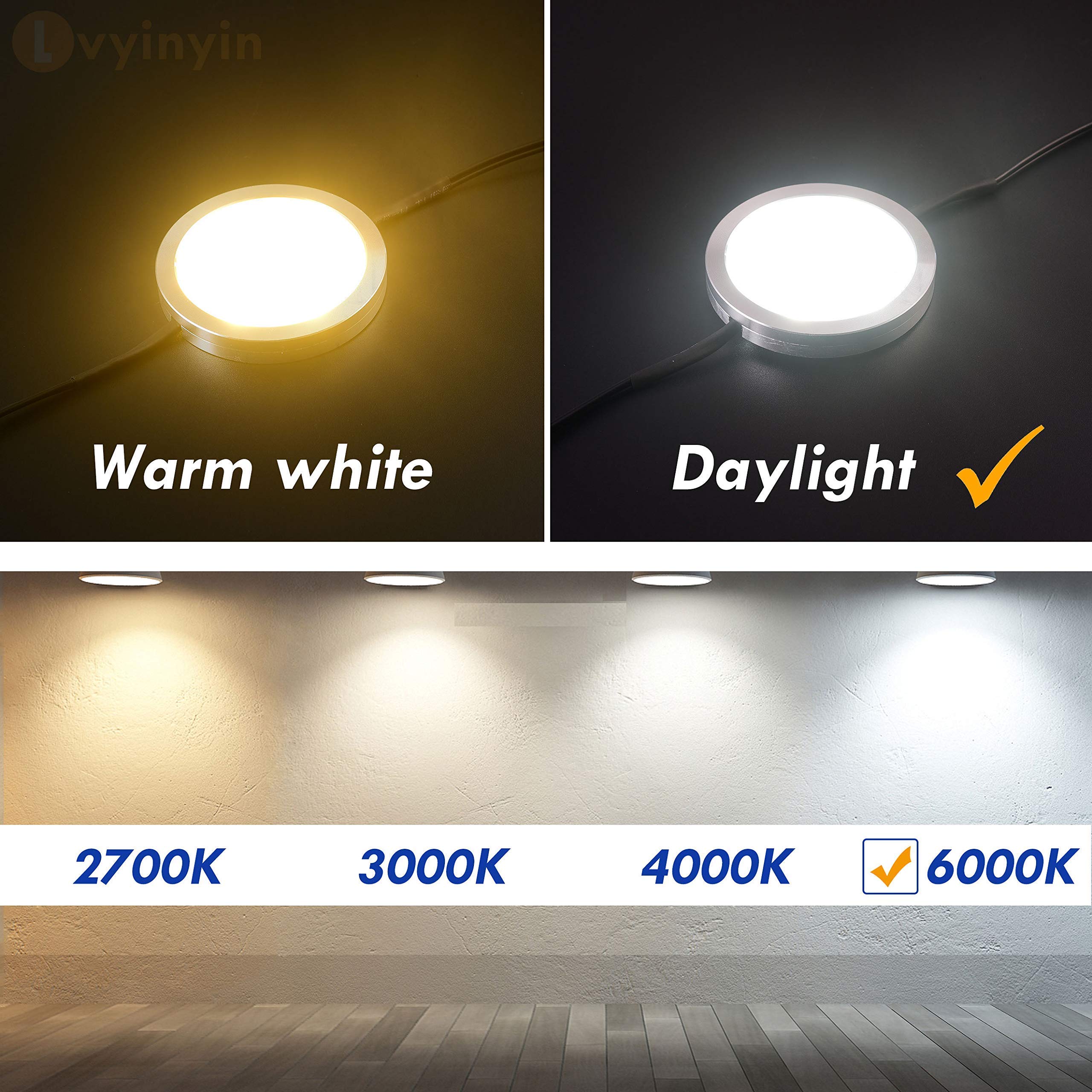 Under Cabinet LED Lighting Kit - Dimmable Wireless RF Remote Control, Linkable Wired Puck Lights (14 or 6 Lights) - Hardwired or Wall Plug (AC120V to DC12V) - Daylight White - Perfect for Kitchen, Closet, Shelf, and Workspace Illumination