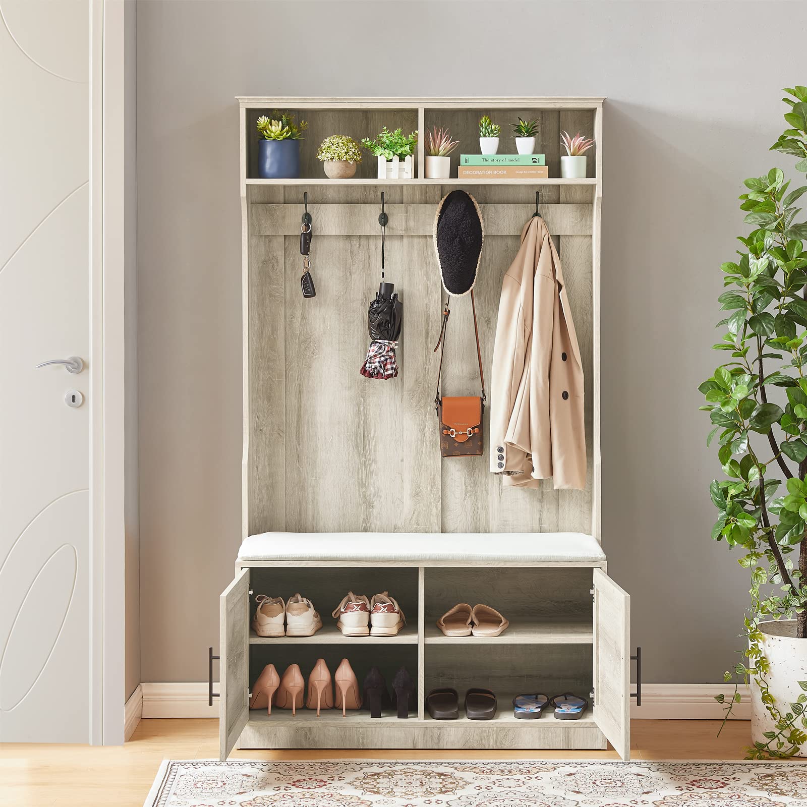 Farmhouse Hall Tree with Padded Storage Bench - Entryway Coat Rack & Shoe Cabinet - White Oak Mudroom Organizer for Coats, Shoes & Accessories - Perfect for Small Spaces, Apartments & Farmhouse Entryways