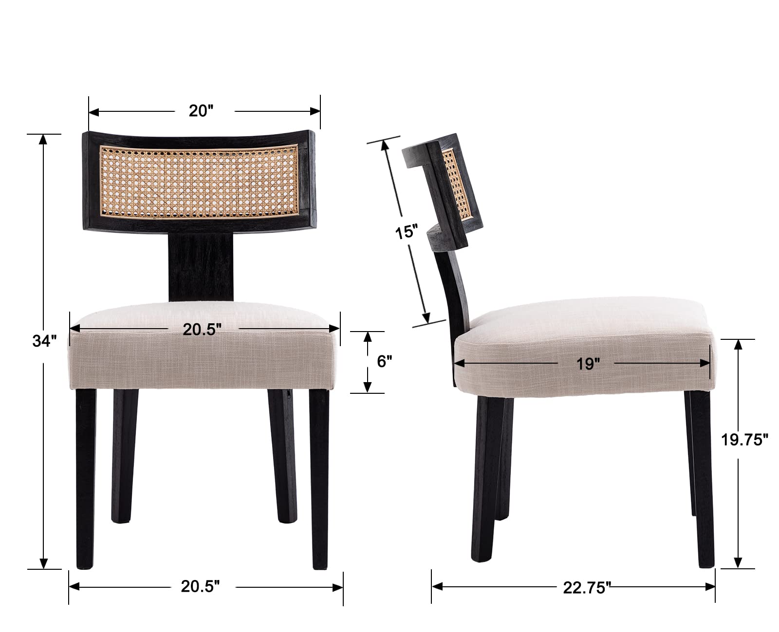 4 Rattan Dining Chairs Set - Modern Cane Back Upholstered Linen Chairs with Black Wood Frame (Beige) - Perfect for Kitchen, Dining Room, Restaurant & Outdoor Patio Seating