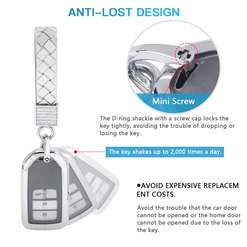 Honda Key Fob Cover for Accord, Civic, CRV, Pilot, Odyssey - Bling Crystal Zinc Alloy Car Remote Case (Silver) | Perfect Keychain Accessory for Protection & Style