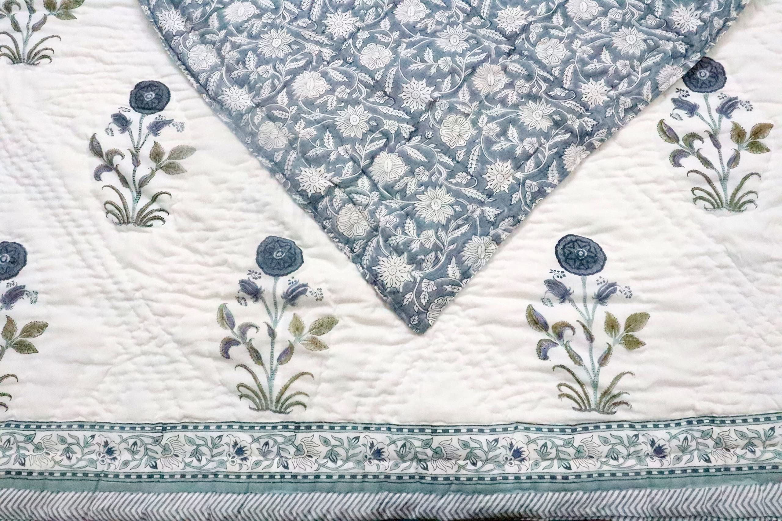 Jaipuri Razai Blue Block Print Quilt - Indian Reversible Kantha Quilt Duvet Cover - 100% Cotton Throw Quilted Blanket - Queen Size 90x108 Inches - Handmade Traditional Bedspread for Home Decor, Guest Room & Cozy Winter Nights