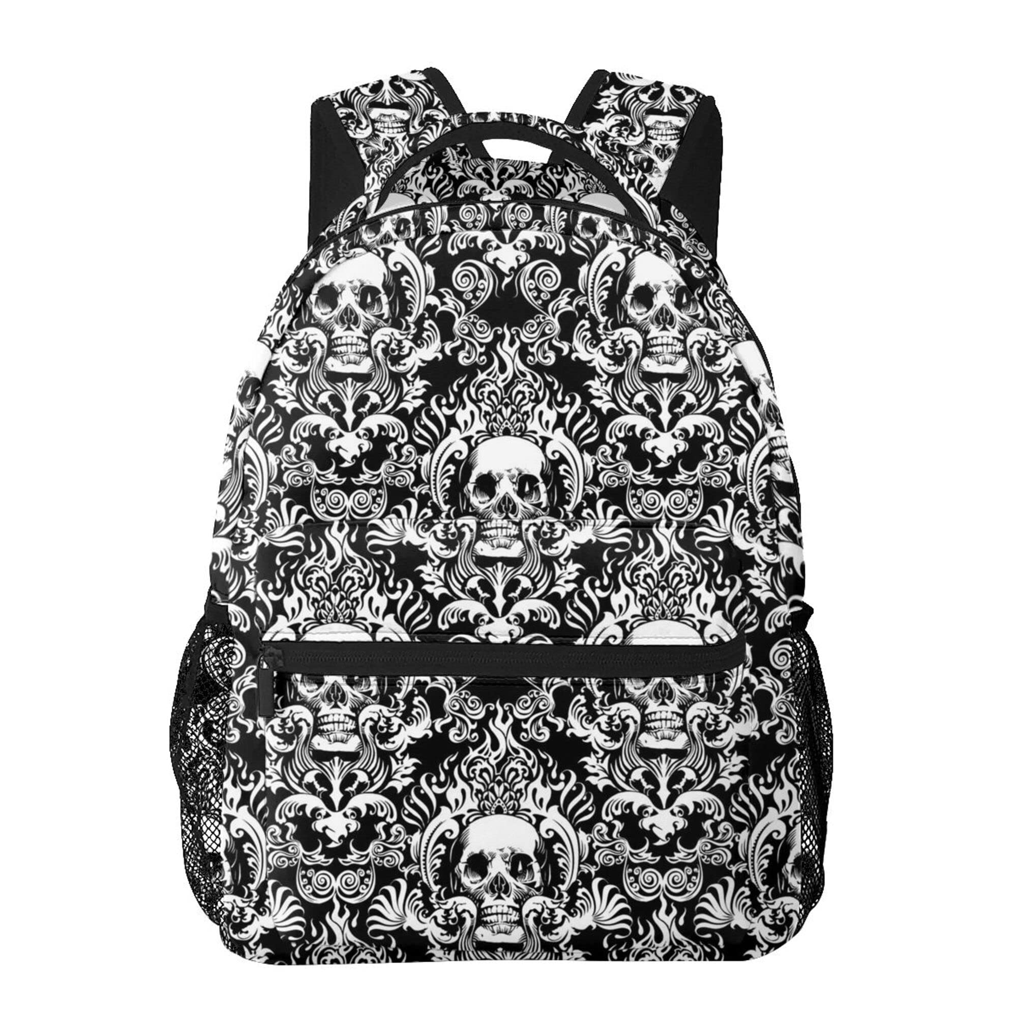 Lightweight Sport Backpack for School & Travel with Side Pockets - Sugar Skull Black White for Hiking & Daily Use