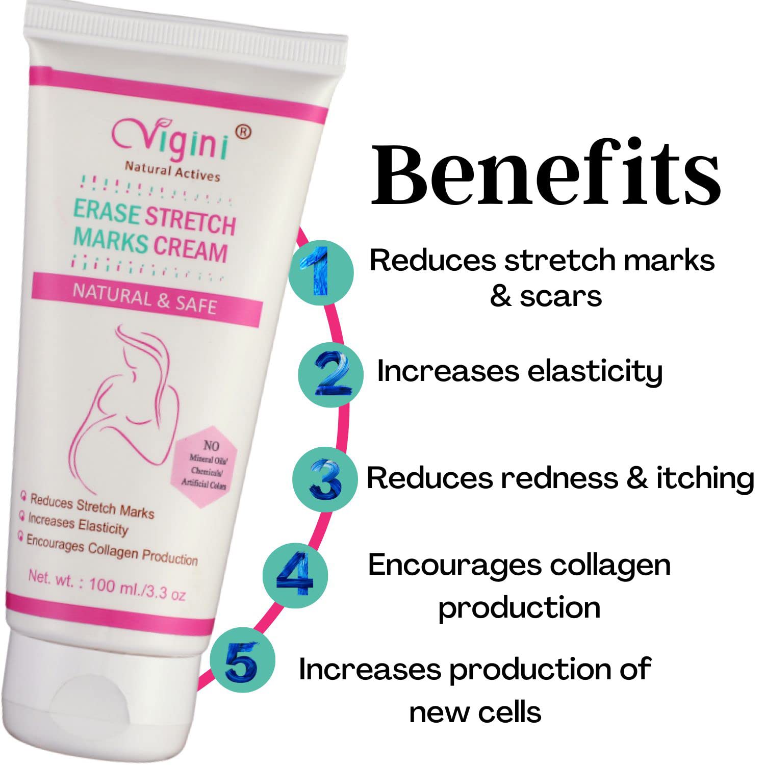 Vigini 100% Natural Organic Stretch Mark & Scar Removal Cream - Bio Oil for Pregnancy, Postpartum Care - Fades Hyperpigmentation & Cellulite - Improves Uneven Skin Tone - 100ml - Perfect for Daily Skincare Routine & Post-Surgery Recovery