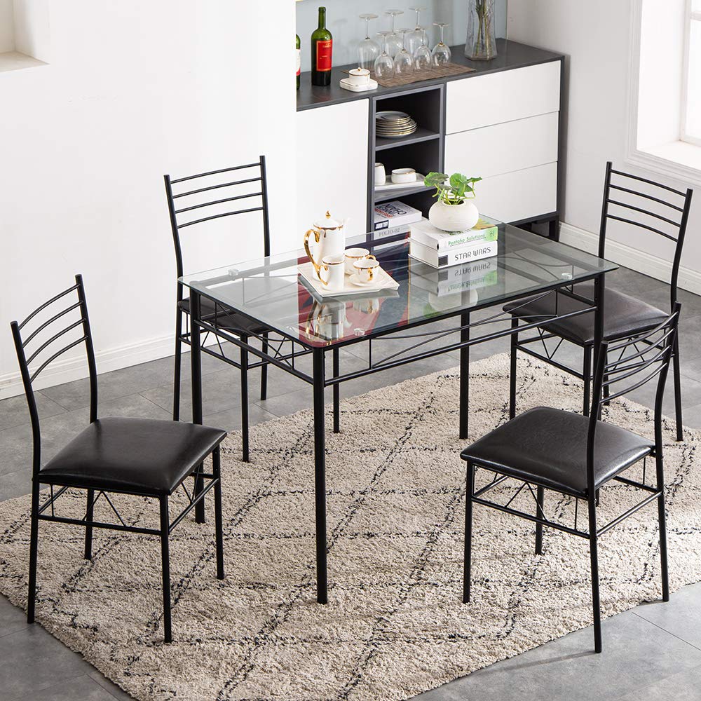 Karl Home 5-Piece Modern Glass Dining Table Set with 4 Chairs - Space Saving Kitchen & Breakfast Furniture for Small Dining Rooms, Apartments & Condos - Perfect for Family Meals, Entertaining Guests & Daily Use