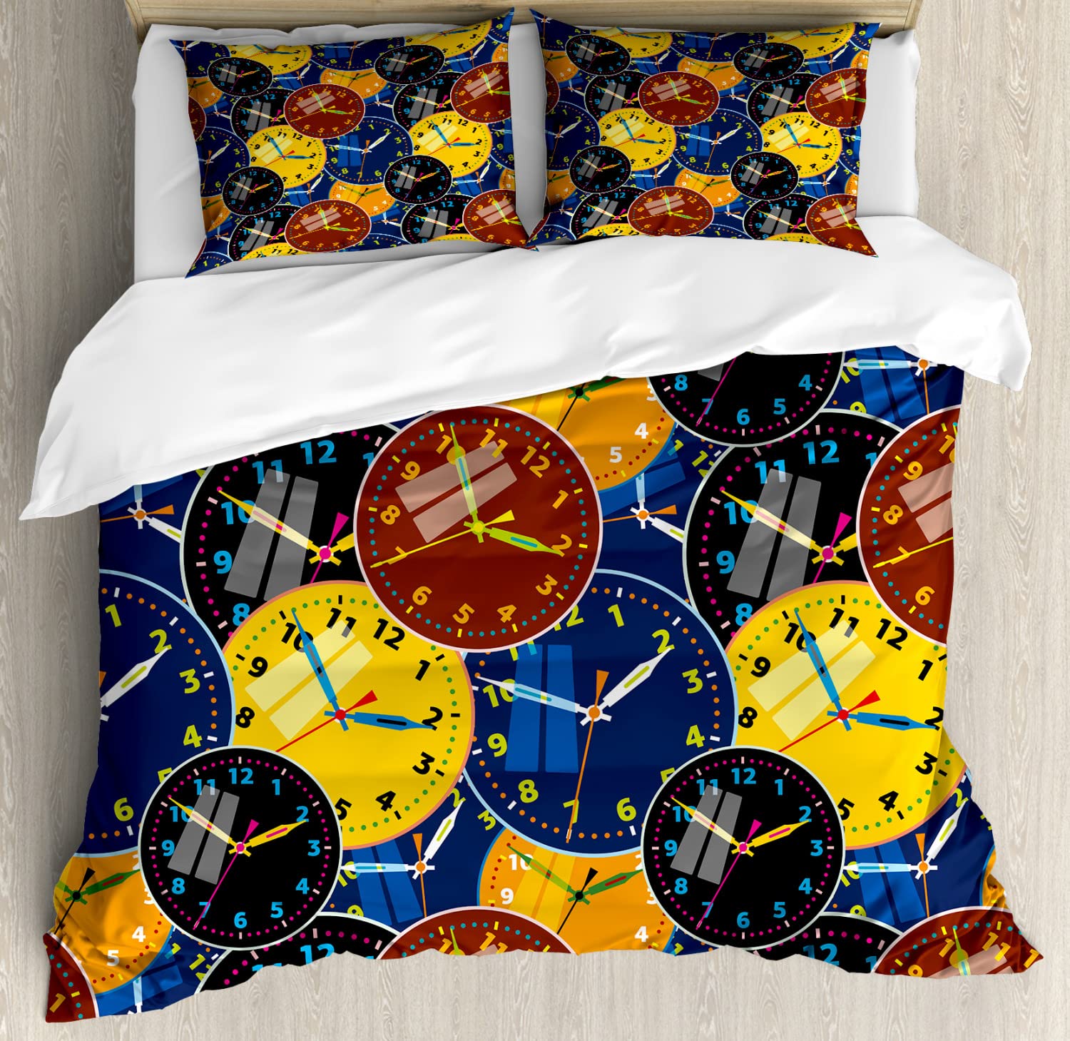 Ambesonne Vintage Clock Duvet Cover Set - King Size 2-Pack with 2 Duvet Covers & 4 Pillowcases - Yellow and Black Retro Face Pattern Design - Perfect for Bedroom Decor, Guest Rooms & Themed Apartments