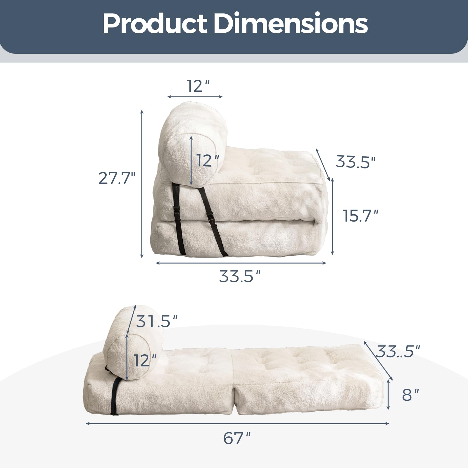 MAXYOYO Folding Sofa Bed - Convertible Boucle Sleeper Chair with Removable Bolster Pillow, Multi-Functional Floor Sofa Lounge for Small Space (Beige) | Perfect for Living Room, Bedroom, Guest Room & Studio Apartment