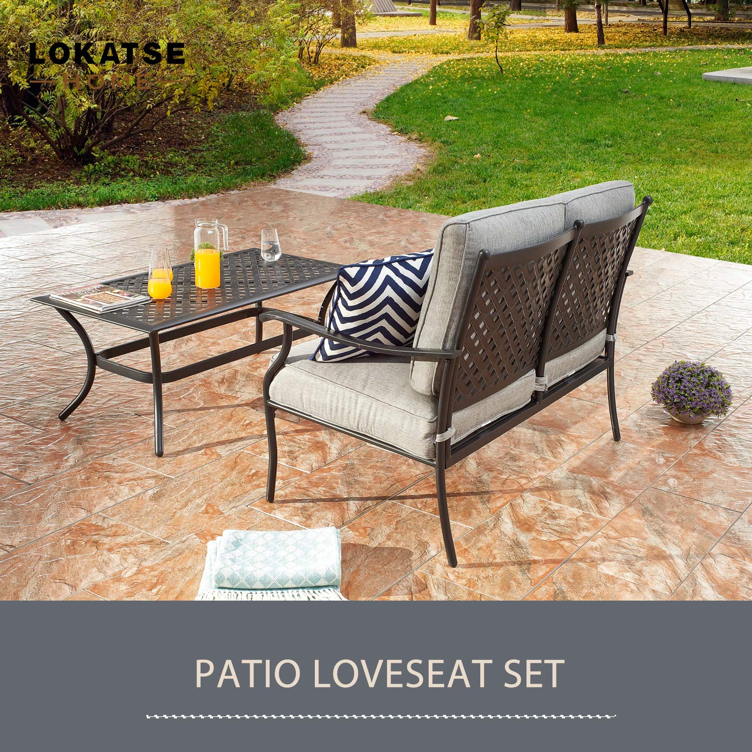 LOKATSE HOME 2-Piece Outdoor Loveseat Set - Patio Conversation Furniture with Cushions & Coffee Table - Metal Bistro Chair Bench for Garden, Backyard, Deck - Weather-Resistant Gray Set for Relaxing & Entertaining