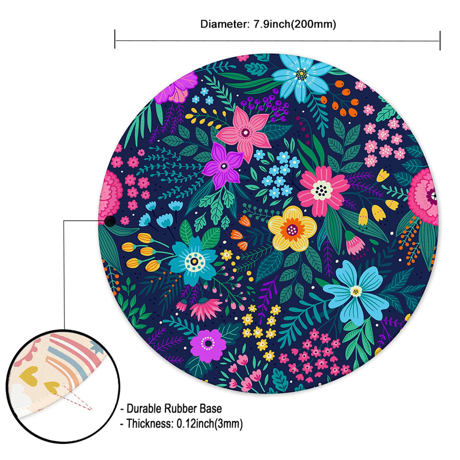 Premium Round Gaming Mouse Pad - Non-Slip Rubber Base with Stitched Edge (7.9 x 7.9 Inch) for PC, Laptop & Office - Floral Design for Gamers & Professionals - Perfect for Work, Gaming & Home Office Use