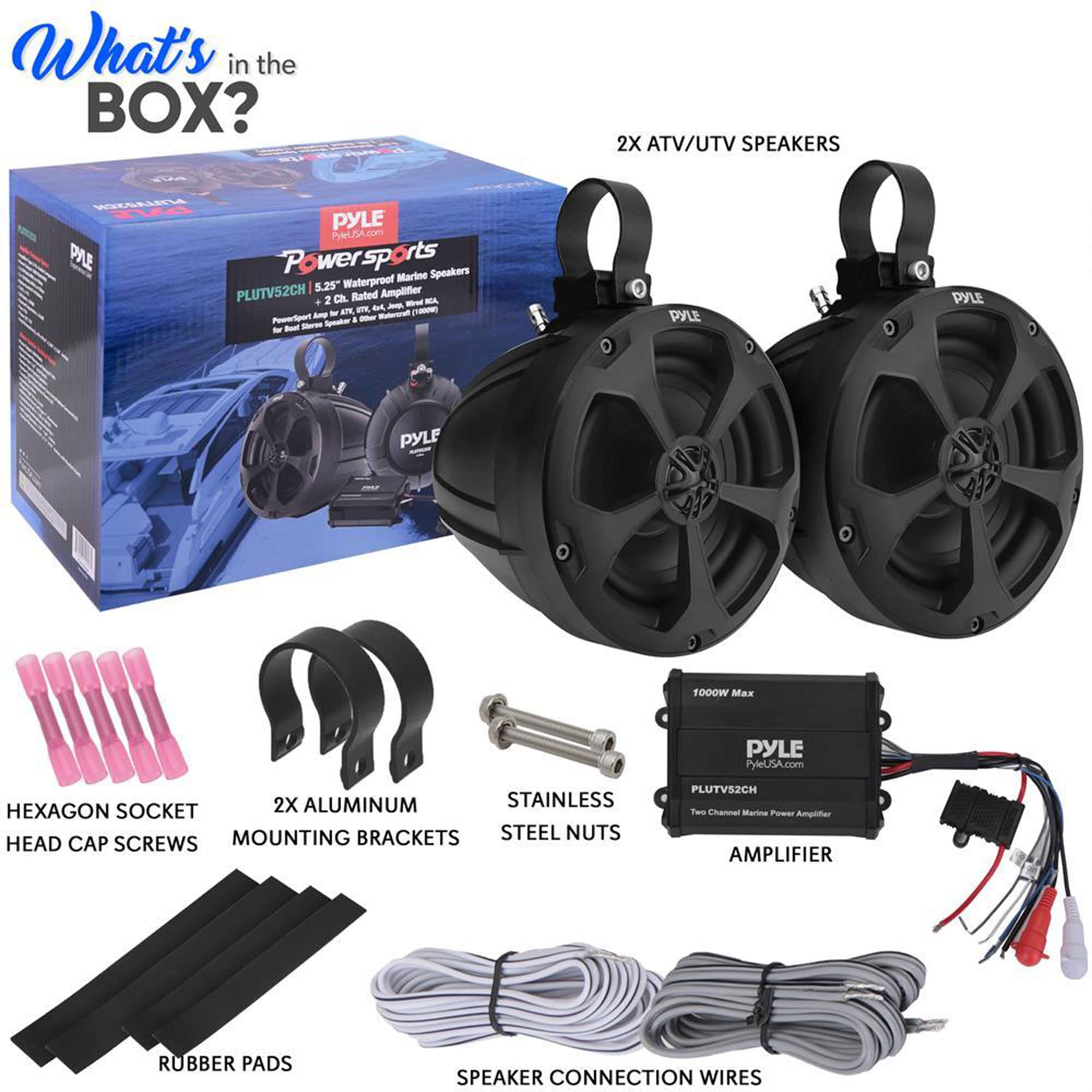 Pyle PLUTV52CH 1000W 5.25 Inch Waterproof Marine Speakers with Built-in Amplifier - 2-Channel Off-Road Audio System for ATV, UTV, Jeep, Boat & Wakeboard Towers - Durable Outdoor Stereo Speakers for Beach Parties, Poolside Lounging & Off-Grid Adventures