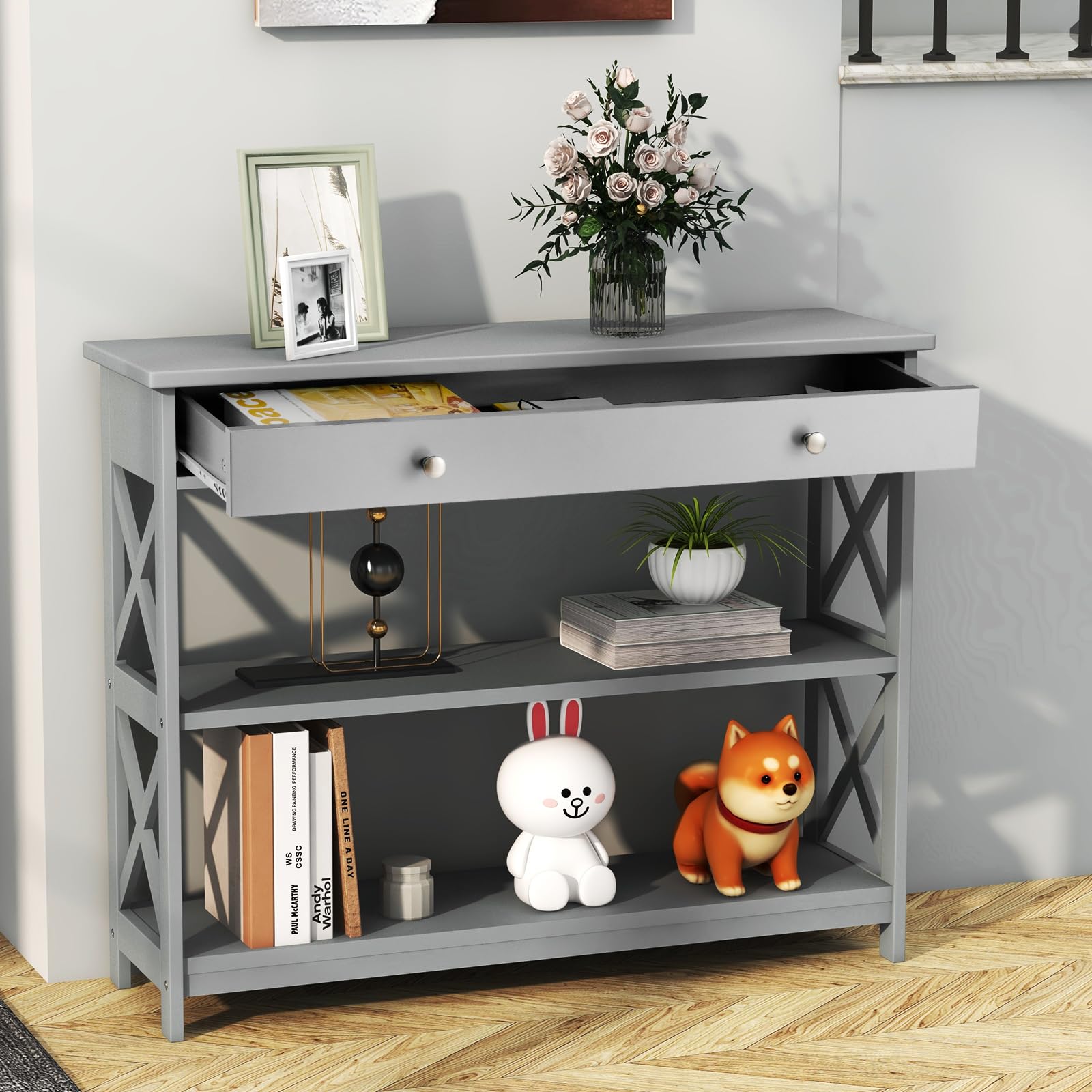 GOFLAME 3-Tier Narrow Sofa Table with Large Drawer & 2 Open Shelves, Modern Wooden Console Table for Entryway, Hallway & Living Room - Perfect for Small Space Storage & Home Decor (Grey)