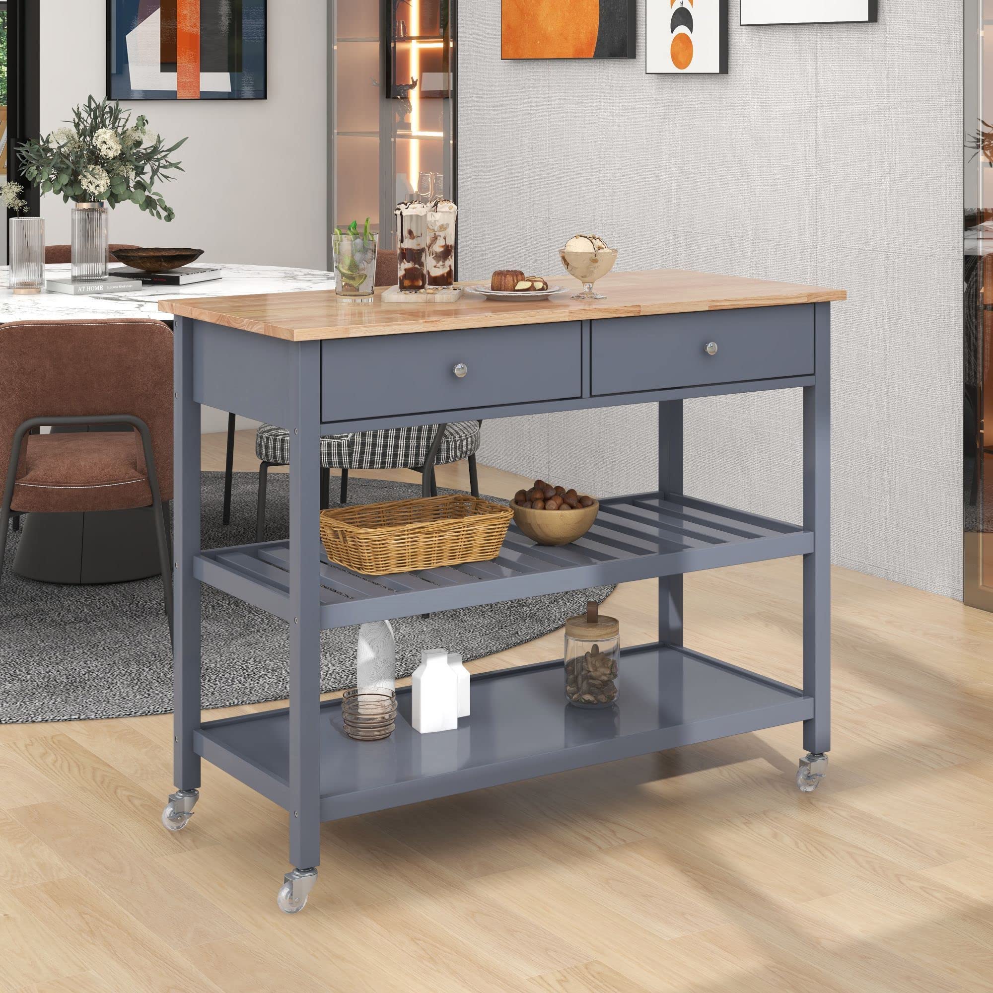 Sturdy Rolling Kitchen Cart with Solid Wood Top & Locking Wheels - 43.3