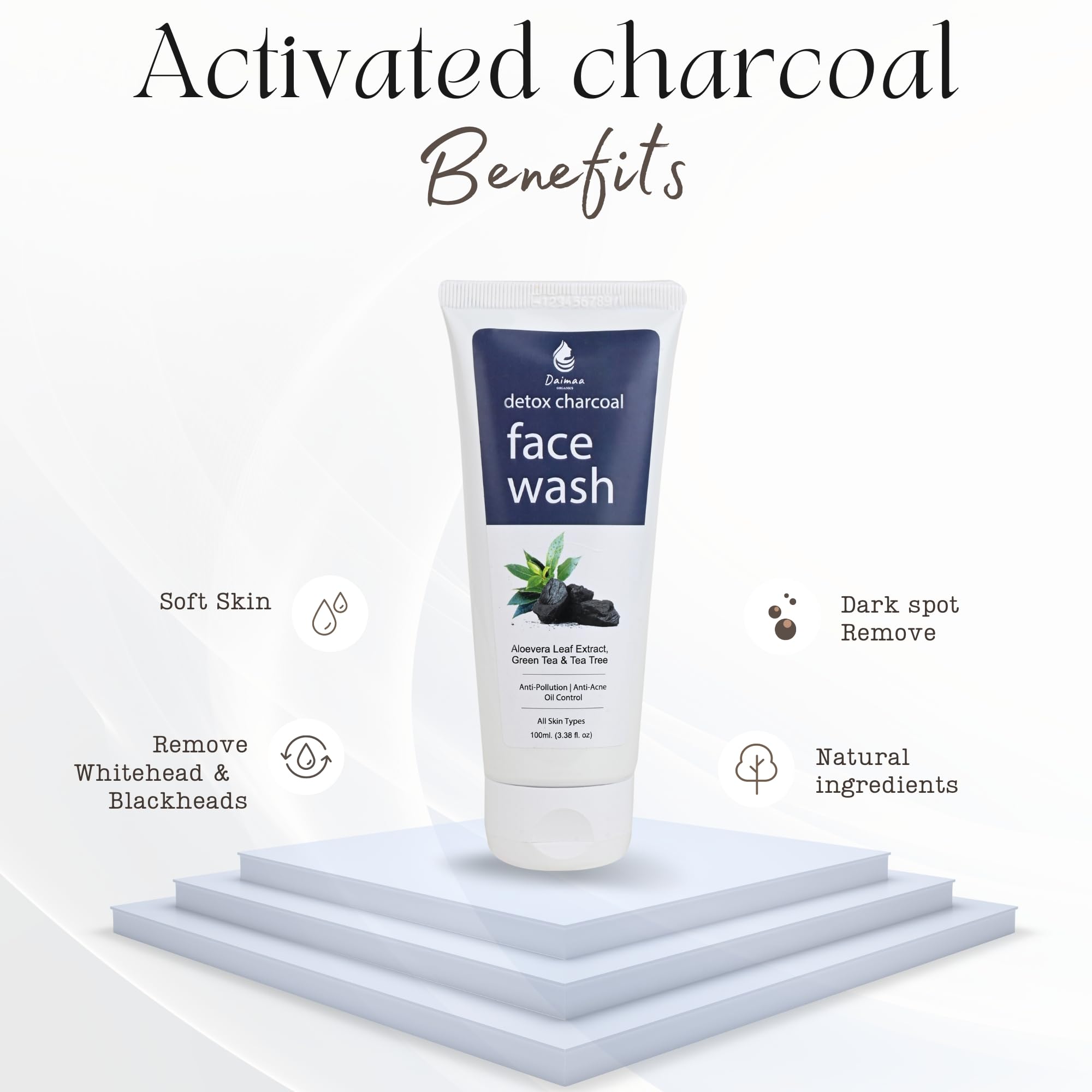 Daimaa Organics Detox Activated Charcoal Face Wash with Vitamin C, Green Tea & Tea Tree Oil - Anti Acne, Oil Control & Pollution Protection for Men & Women - 100ml - Perfect for Daily Skincare & Deep Cleansing Routine