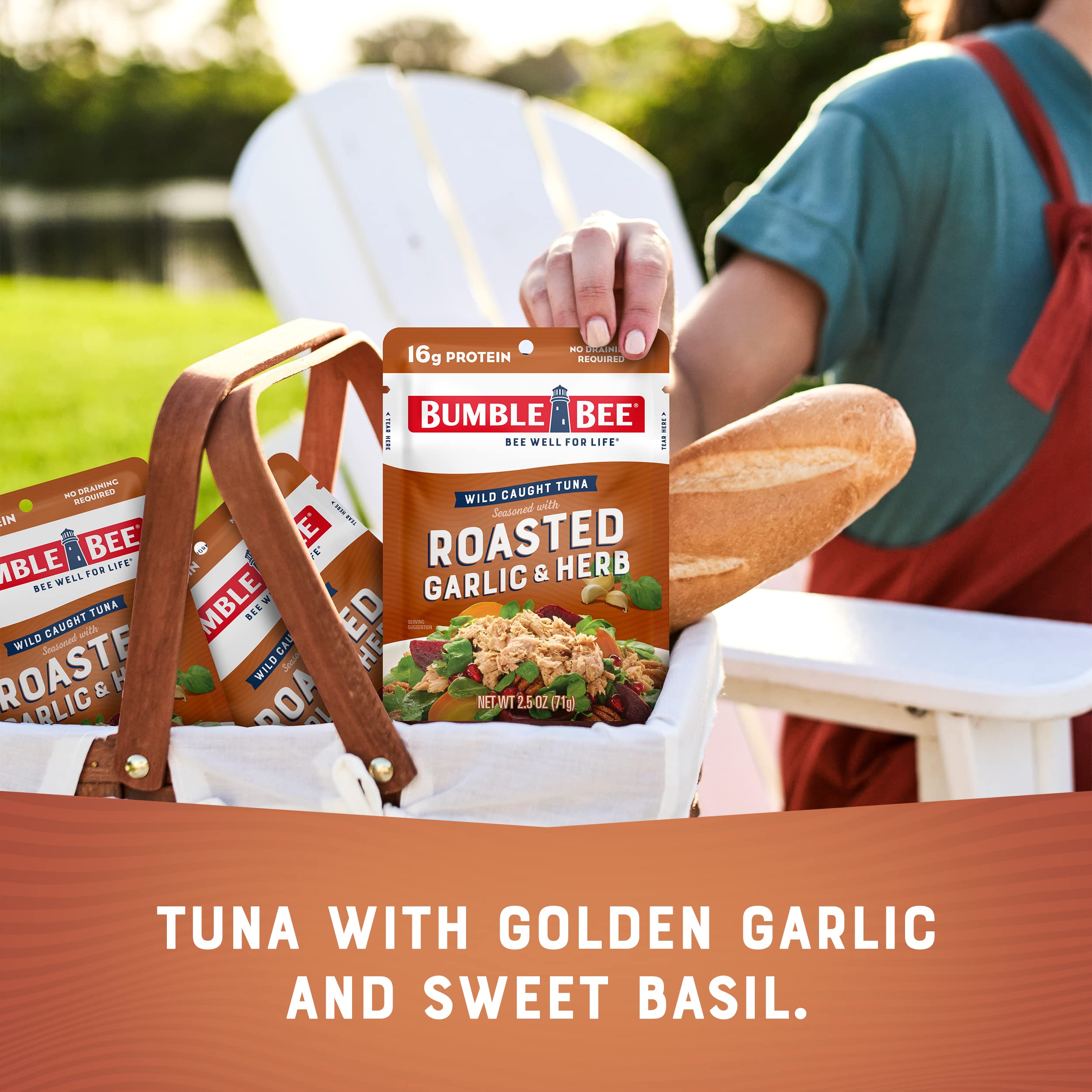 Bumble Bee Roasted Garlic & Herb Seasoned Tuna, 2.5 oz Pouches (Pack of 12) - Wild Caught, Ready to Eat Tuna Snack - High Protein (16g per Serving), Gluten Free, Keto & Paleo Friendly - Perfect for Lunch Boxes, Camping & On-the-Go Meals
