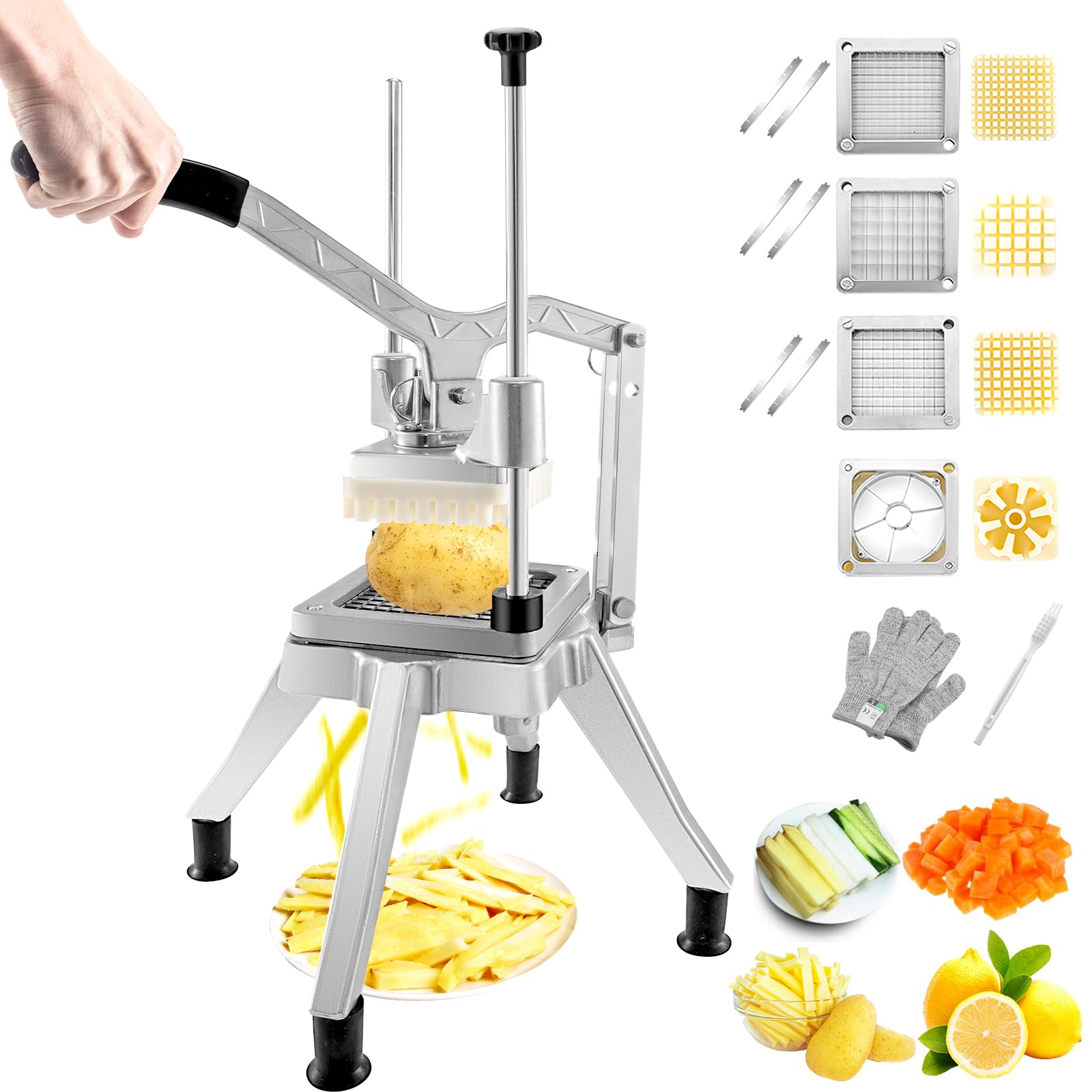 VEVOR Commercial Vegetable Chopper with 4 Replacement Blades - Stainless Steel French Fry Cutter, Potato Dicer & Fruit Slicer for Restaurant & Home Kitchen - Perfect for Meal Prep, Salad Making & Fast Food Service