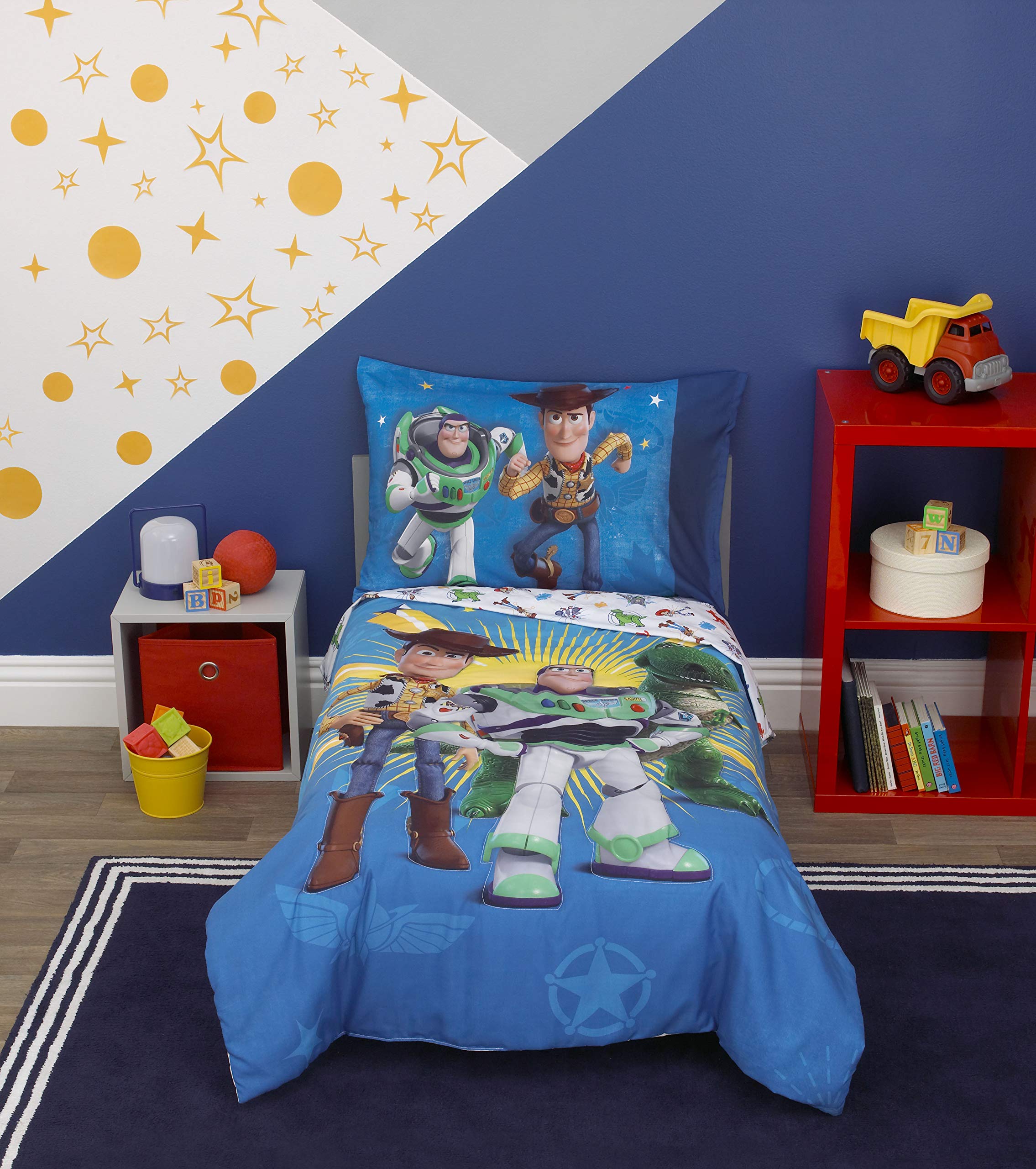 Toy Story 4-Piece Toddler Bedding Set - Buzz Lightyear & Woody Themed Kids Bed Sheets, Pillowcase, Blanket - Perfect for Disney Pixar Fans' Nursery & Bedroom Decor